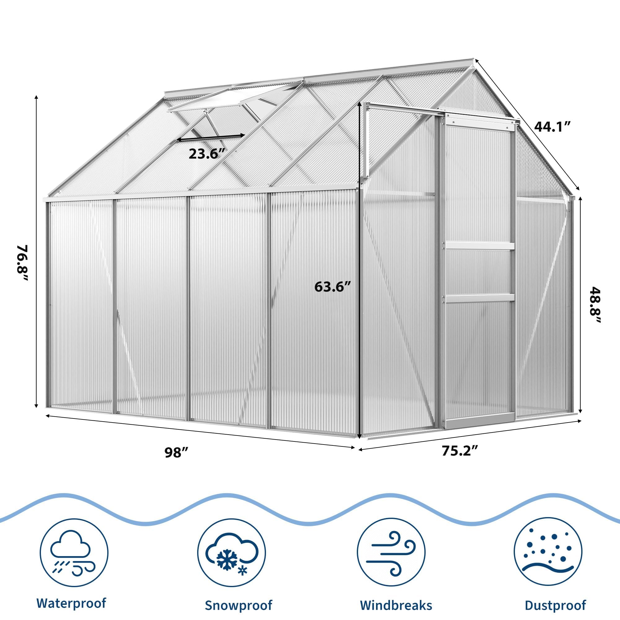 Garvee 6 x 8 FT Polycarbonate Greenhouse with Aluminum Frame, Sliding Door & Adjustable Roof Vent, Heavy-Duty Outdoor Greenhouse for Backyard, Garden, Patio