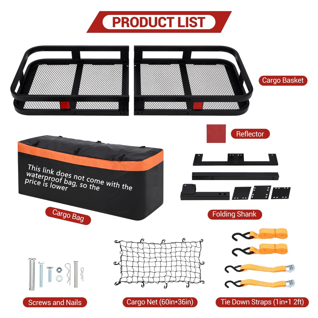 Garvee 60"x24"x6" Heavy-Duty Folding Hitch Cargo Carrier, 500 lbs Capacity Steel Rust-Resistant Mesh Basket with Security Net & Straps for Trucks SUVs Off-Road