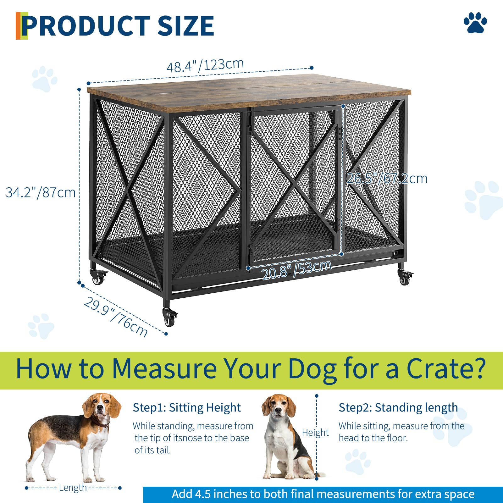Garvee 48" Heavy Duty Dog Crate Furniture with Wheels, Flip Top Dog Kennel End Table with Removable Tray, Multi-Functional Indoor Pet Cage for Small to Large Pets, Black