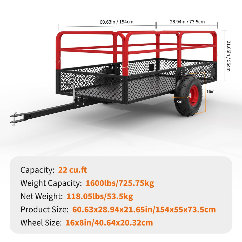 Garvee Tow Behind Dump Cart, 1600 lbs 22 Cu Ft Heavy Duty Steel ATV UTV Garden Trailer with Removable Sides, 45° Quick Dump & 16 in All-Terrain Tires for Lawn Mower, Tractor & Yard Work