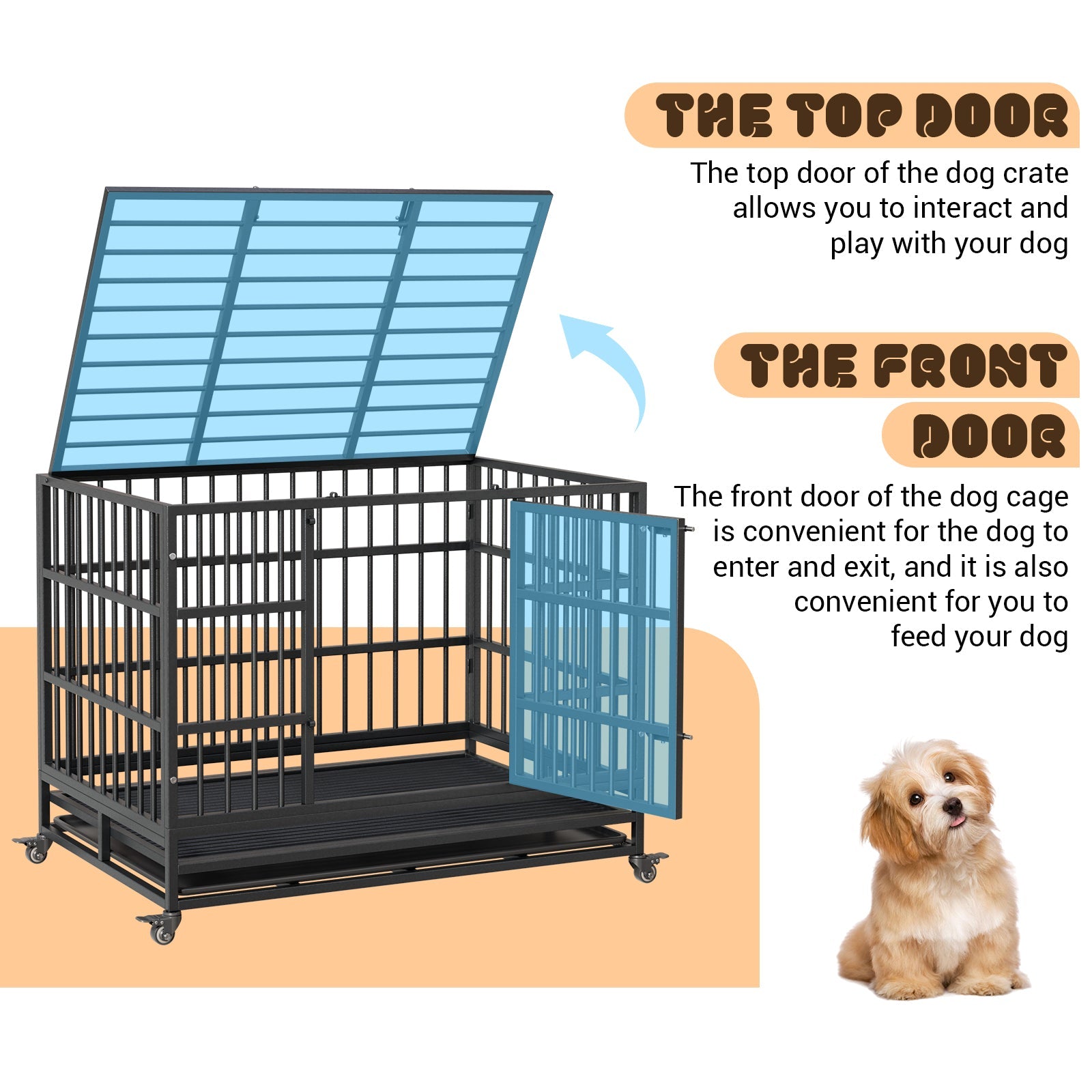 Garvee Heavy Duty Indestructible Dog Crate – Metal Escape-Proof Kennel for Large Dogs, Double Doors, 360° Lockable Wheels, Removable Tray, Easy Assembly – Secure Indoor Pet Cage, Size: 42.5inch