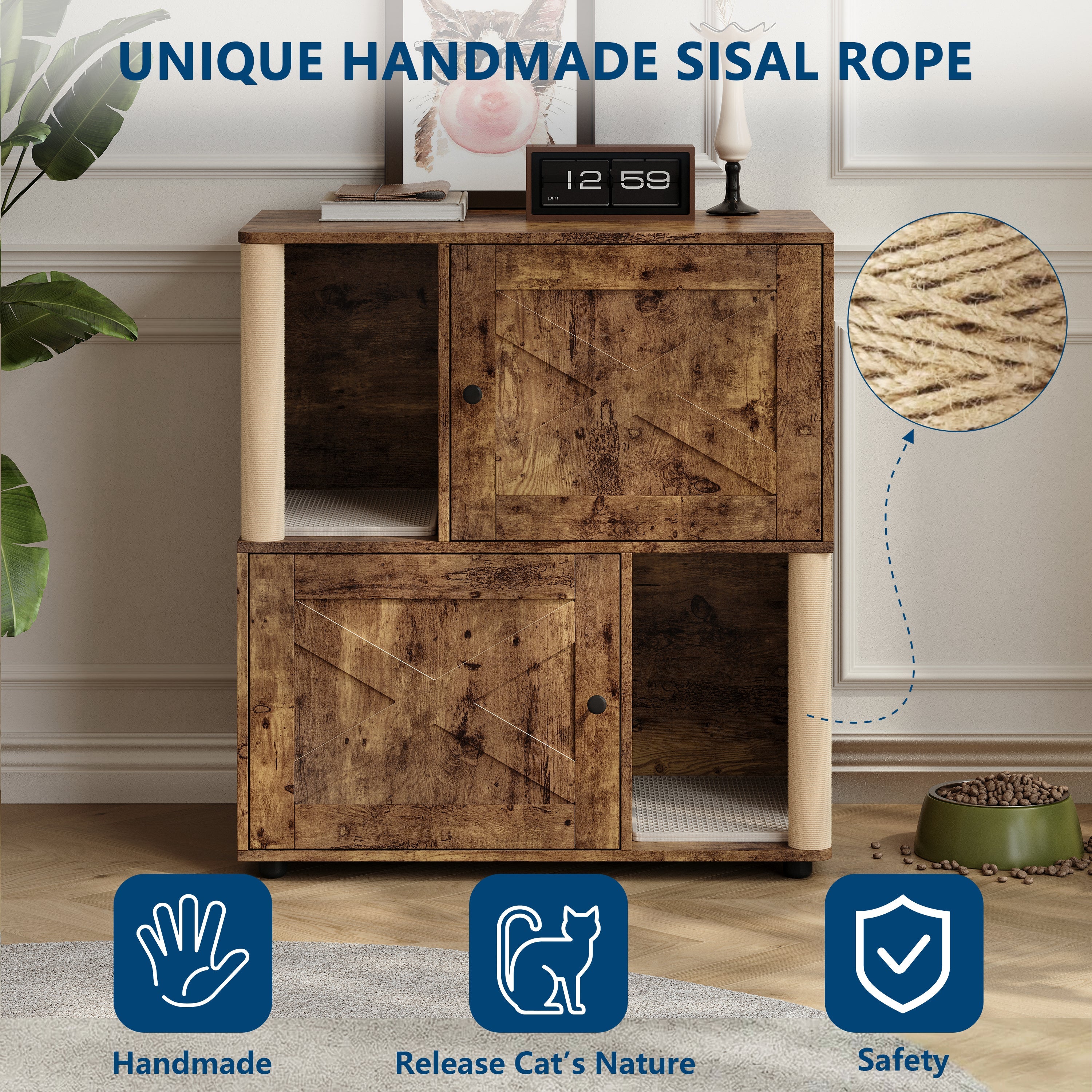 Garvee Double Cat Litter Box Enclosure Furniture for 2 Cats – Modern 2-Tier Wooden Cabinet with Hidden Odor Control, Marking Post, Dual Litter Mats, Dog-Proof End Table – X-Gate Tiger Wood