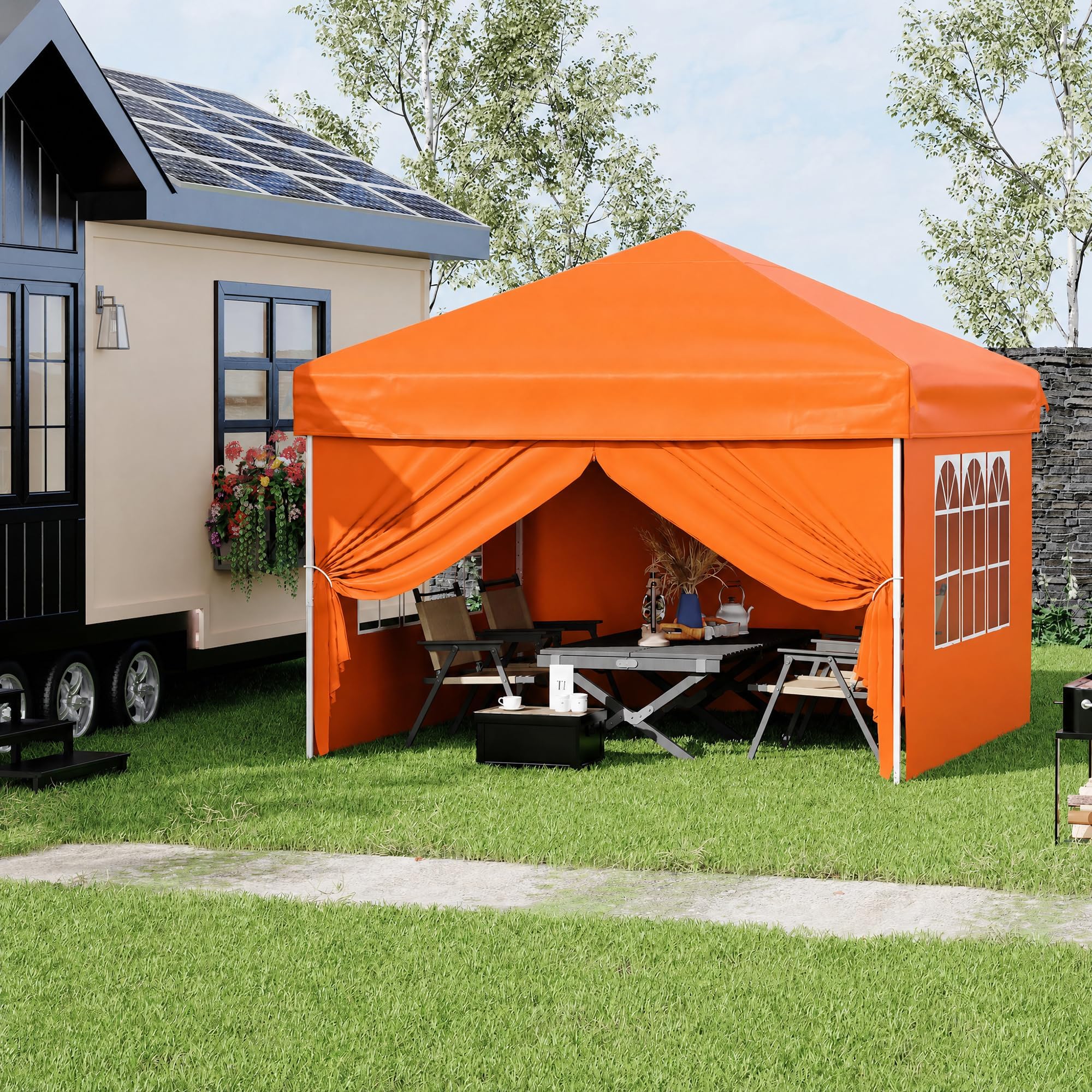 Garvee 10x10 FT Pop Up Canopy Tent, 210D Waterproof Oxford Gazebo with 4 Detachable Window Sidewalls, UPF 50+ Steel Frame Shelter for Camping, Parties & Backyard, Orange
