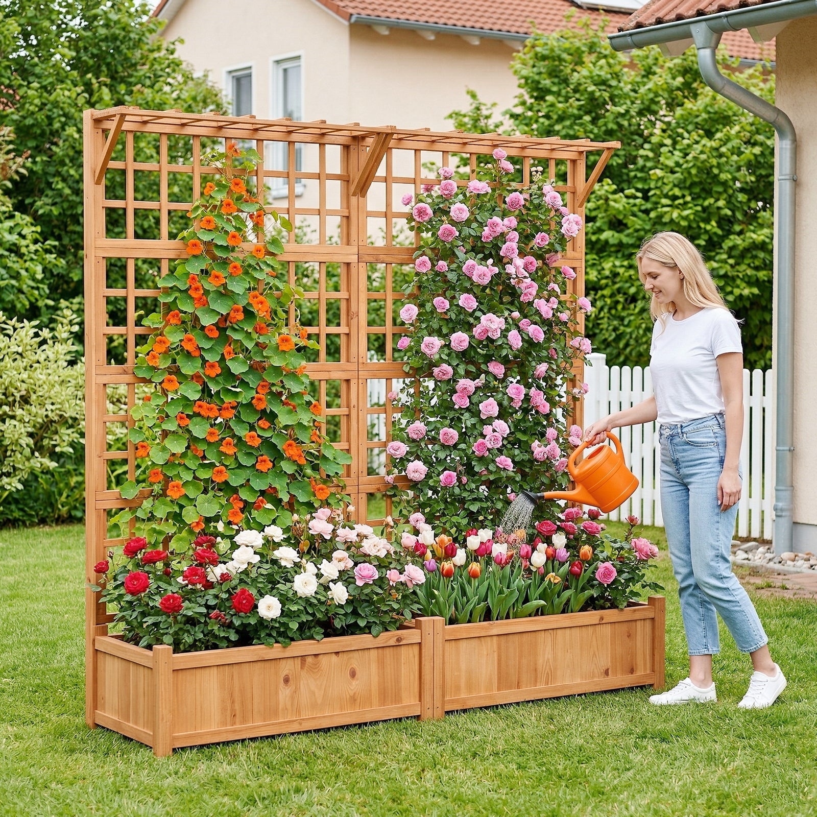 Garvee 71" Raised Garden Bed with Trellis, Fir Wood Planter Box with Hanging Roof & Drainage for Climbing Vines