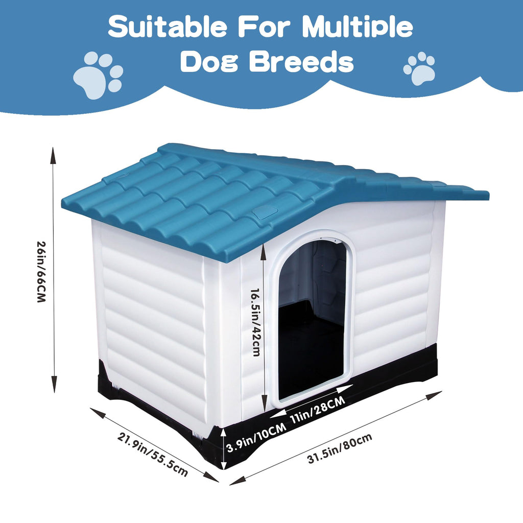 Garvee 2-Door Small Dog House for Indoor and Outdoor Dog House with Fold-Out Porch Elevated Base, Waterproof Pet House for Small and Medium Dogs, Easy Assembly, Blue (31''L x 21''W x 26''H)