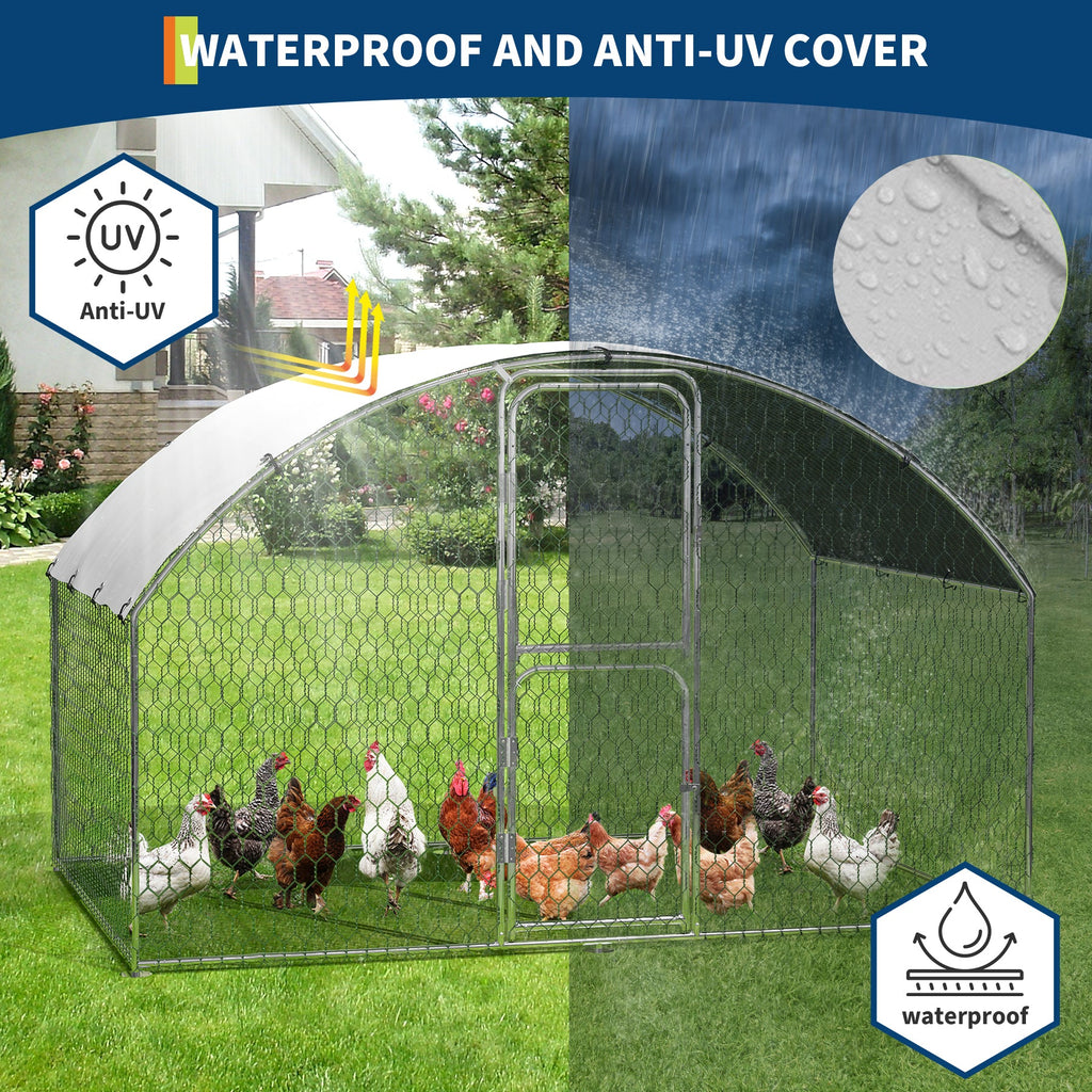 Garvee 9.8' × 6.5' Walk-In Metal Chicken Coop, Galvanized Outdoor Poultry Cage with Double Doors, Secure Lock & Waterproof UV-Resistant Cover for Backyard Farm