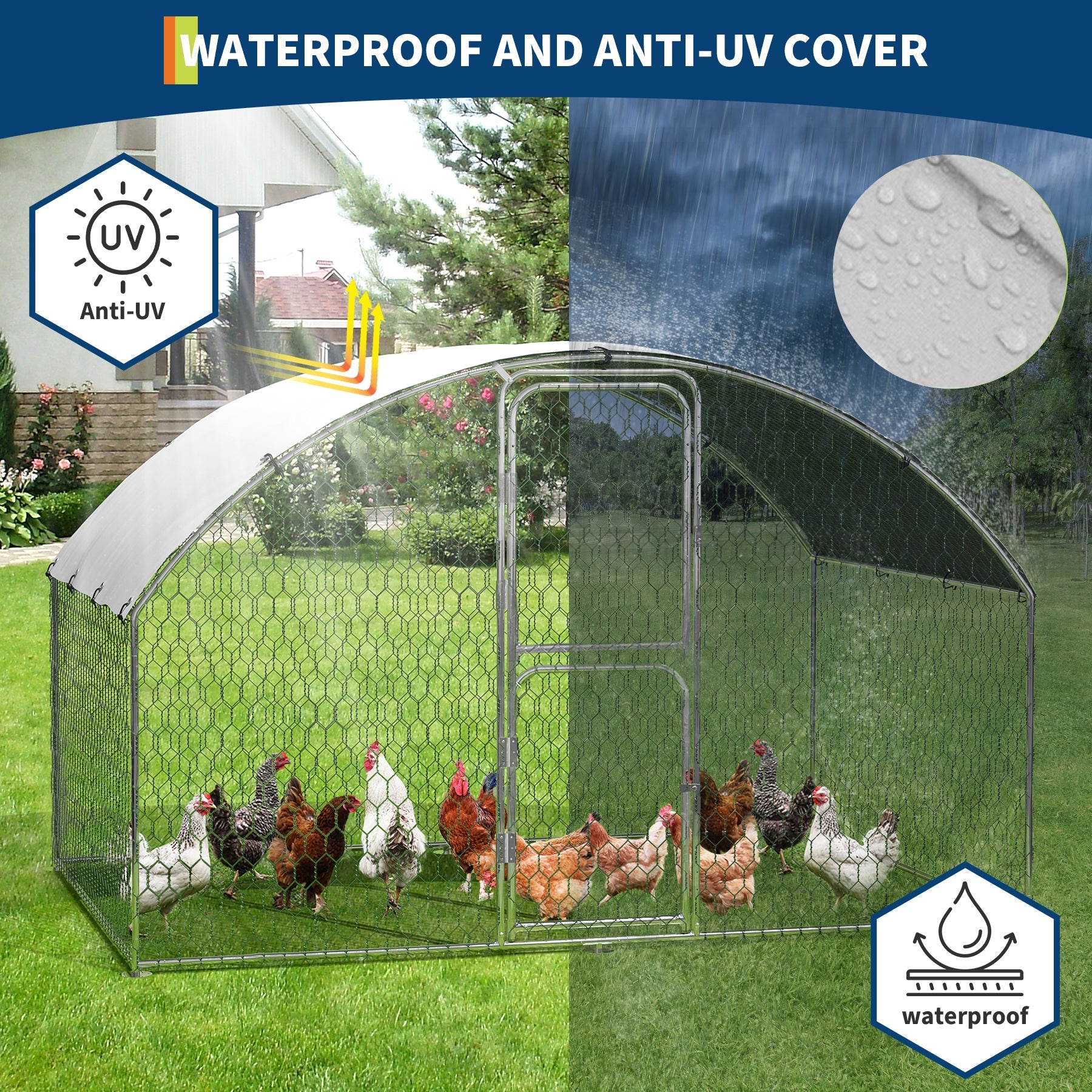 Garvee 9.8' × 6.5' Walk-In Metal Chicken Coop, Galvanized Outdoor Poultry Cage with Double Doors, Secure Lock & Waterproof UV-Resistant Cover for Backyard Farm