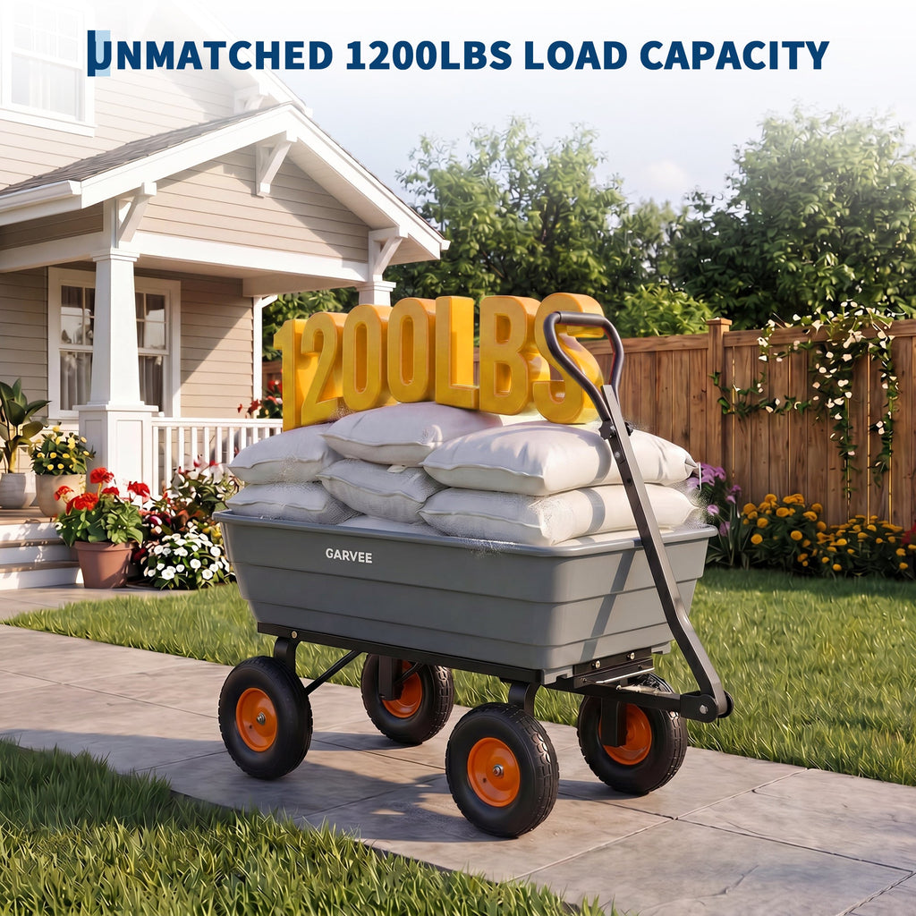Garvee 1200 lb Heavy-Duty Poly Garden Dump Cart, Utility Wagon with Quick-Release Dump System, 13" Flat-Free All-Terrain Wheels, 270° Towable Handle, Reinforced Steel Frame for Yard, Soil, Rocks & Landscaping, Gray/Orange