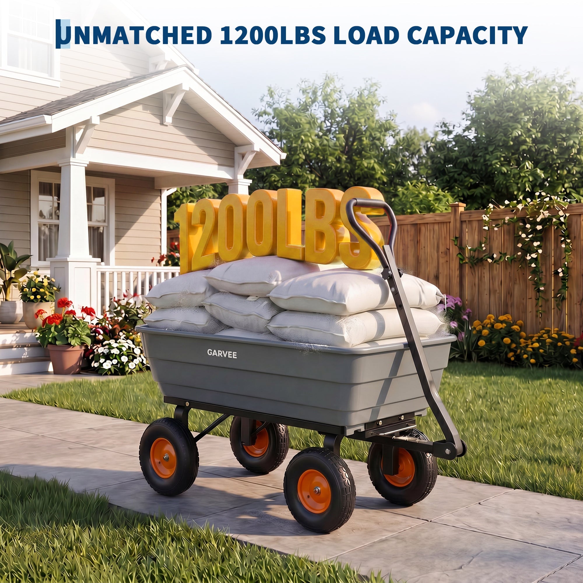 Garvee 1200 lb Heavy-Duty Poly Garden Dump Cart, Utility Wagon with Quick-Release Dump System, 13" Flat-Free All-Terrain Wheels, 270° Towable Handle, Reinforced Steel Frame for Yard, Soil, Rocks & Landscaping, Gray/Orange