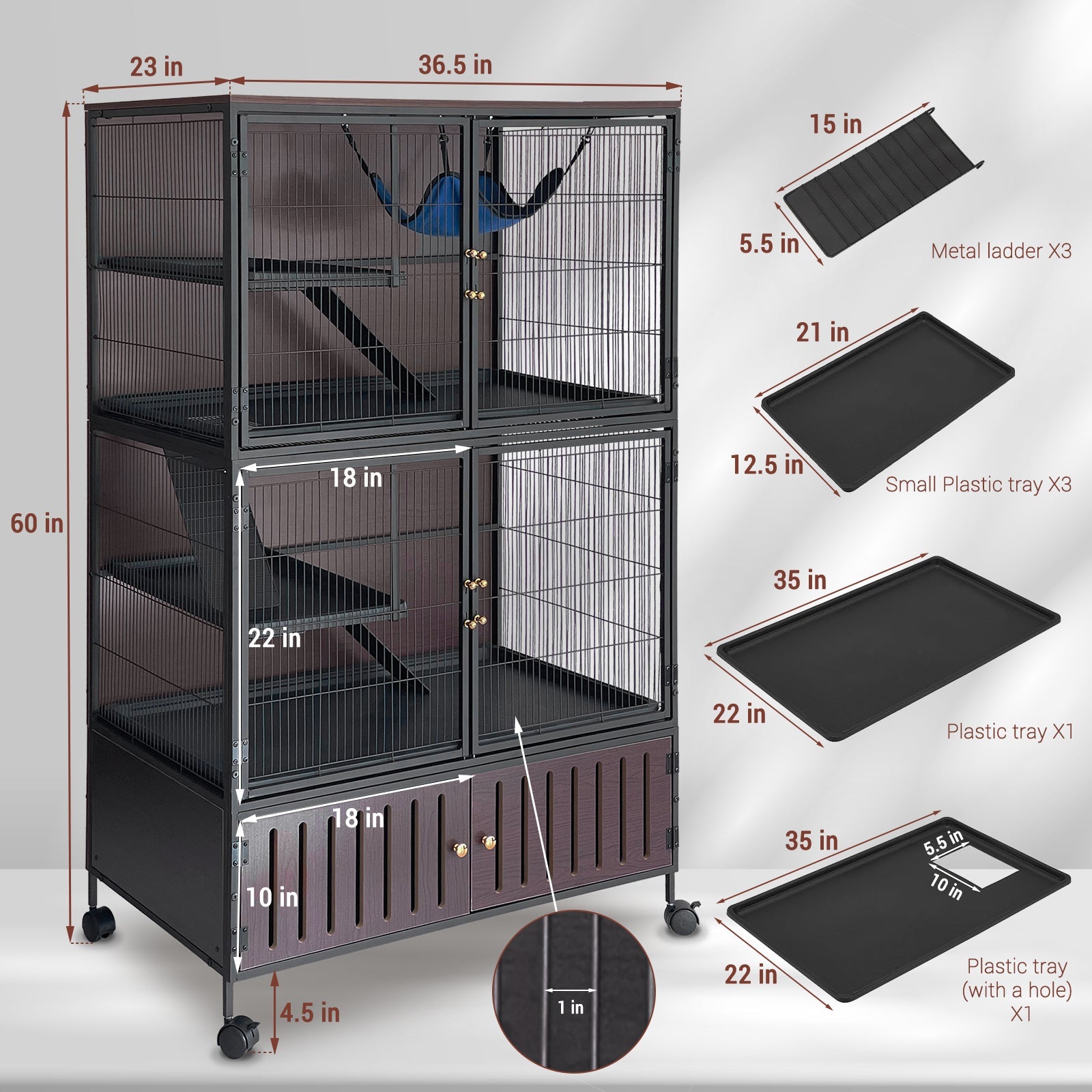 Garvee 5-Tier Rolling Ferret Cage Large, 60"H Small Animal Mansion for Chinchilla/Squirrel, Multi-Level Habitat with Hammock, Lockable Doors & Ramps, Ideal for Pet Rodents, with Sturdy Back Panel