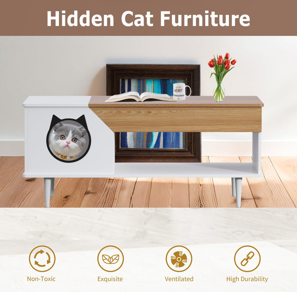 Garvee Cat Litter Box Enclosure, Cat Head Decor Storage Cabinet, Hidden Litter Box Furniture, Wooden Cats Washroom Furniture, Indoor Pet House, 44.9" L x 21.2" W x 20.5" H