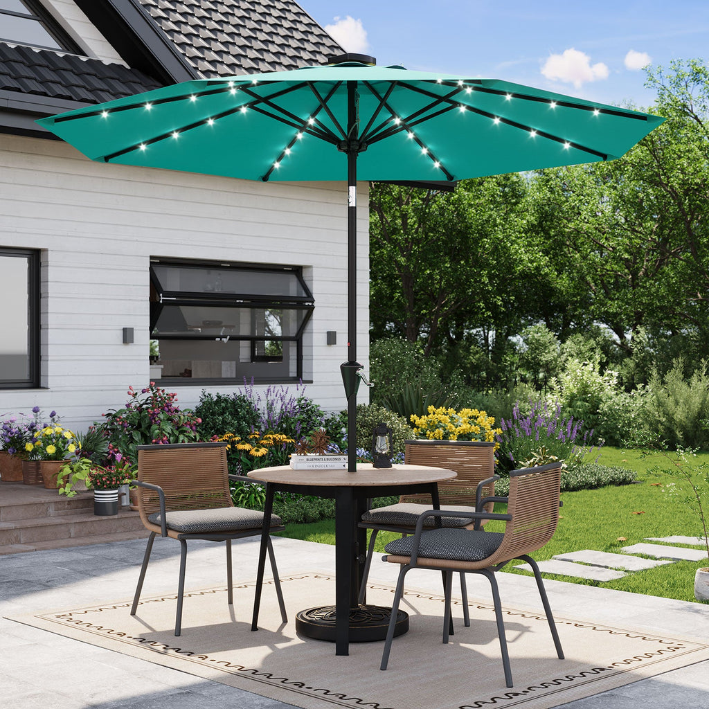 Garvee 9FT Solar LED Patio Umbrella, Waterproof Outdoor Market Table Umbrella with 8 Ribs, Crank Lift, Push Button Tilt, UV Protection for Garden, Pool & Deck, Sky Blue
