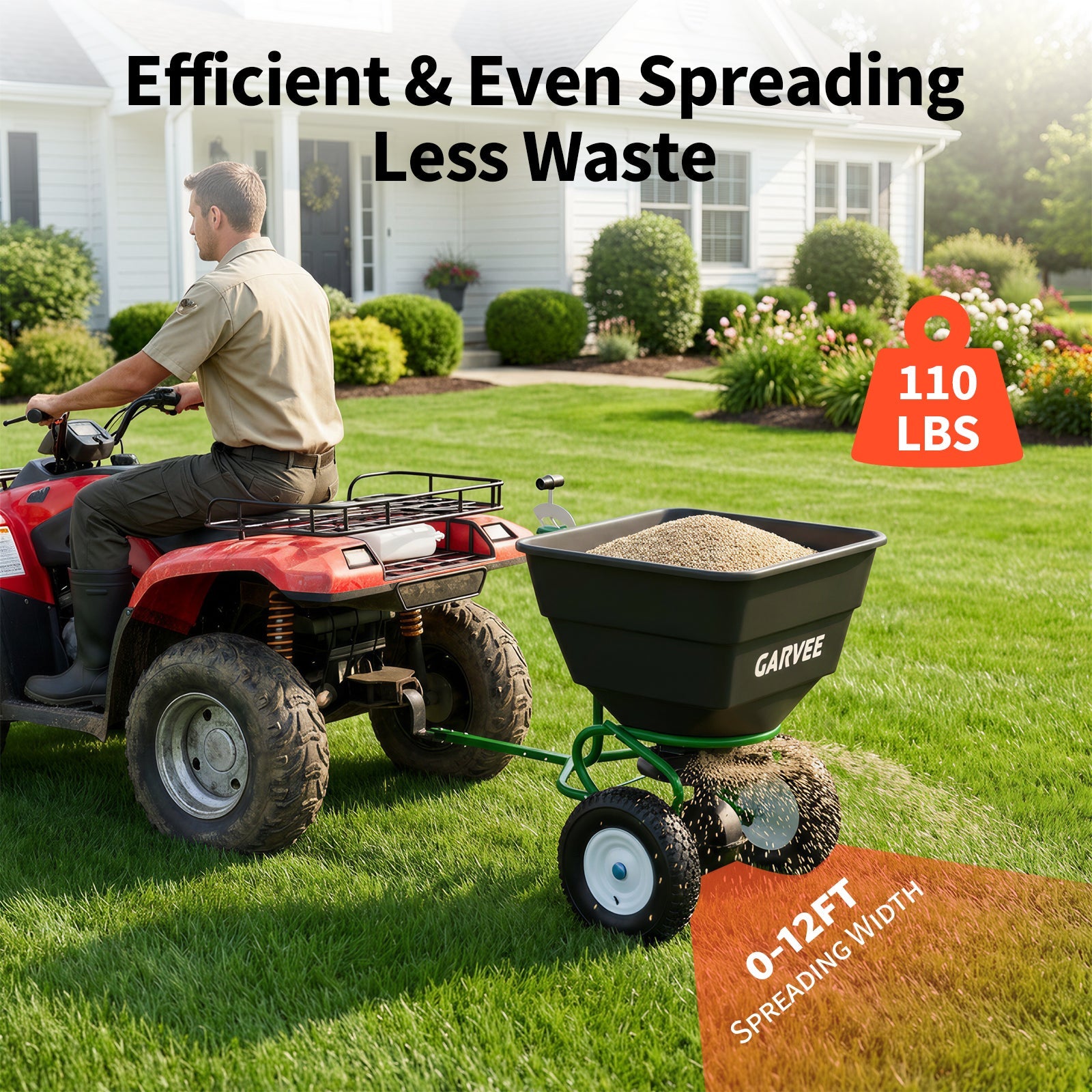 Garvee Tow-Behind Broadcast Spreader, 110 lbs Capacity with 10-Inch Pneumatic Tires, Universal Hitch and Feeder Cover for Seed, Fertilizer and Salt, Green