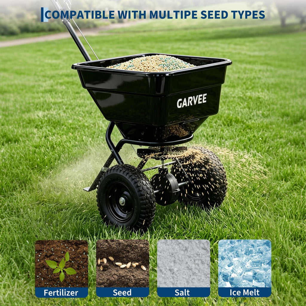 Garvee 100 lb Push Broadcast Spreader, T-Handle Walk-Behind Lawn & Garden Fertilizer Spreader with 58 L Hopper, 0–12 ft Coverage, 13" All-Terrain Wheels & 20-Level Flow Control for Seed, Fertilizer, Salt & Ice Melt, Green/Black