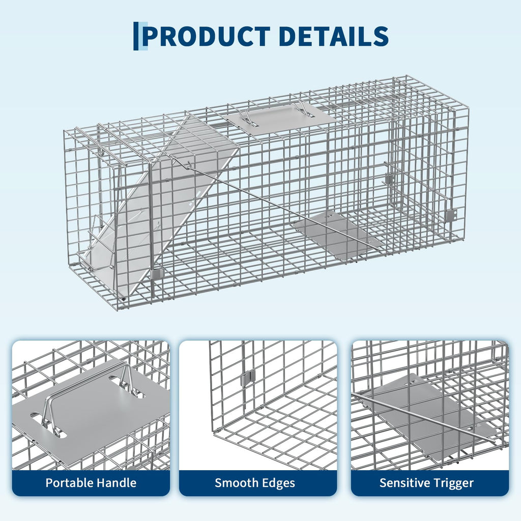 Garvee Heavy Duty Live Animal Trap Cage – Collapsible Steel, Sensitive Trigger – Humane for Raccoons, Feral Cats, Skunks, Rabbits & Small Foxes – Easy Carry Handle – 32x10x12 in / 81.3x25.4x30.5 cm