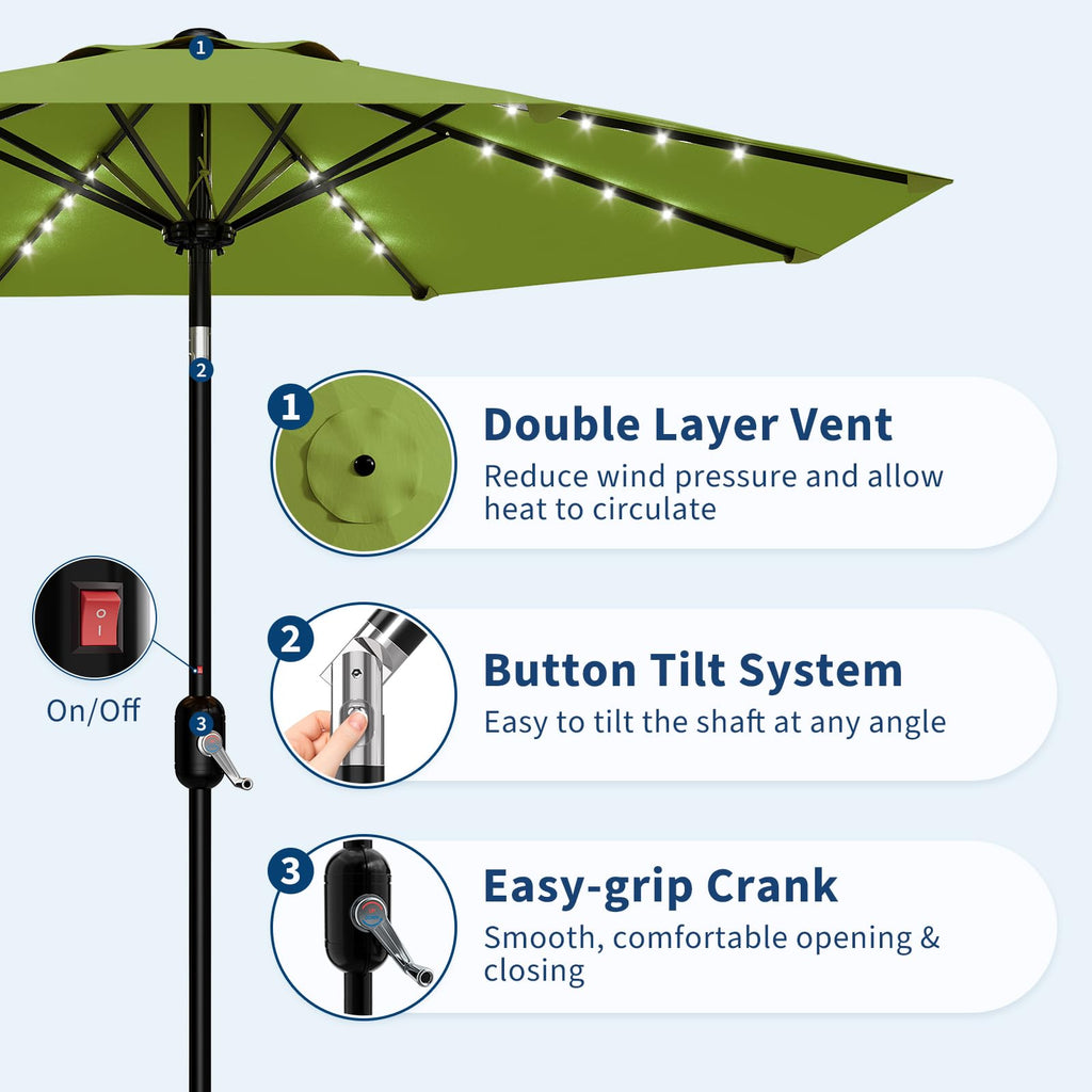 Garvee 10 FT Patio Umbrella with Solar Lights, Outdoor Table Umbrella with 8 Durable Ribs, Tilt & Crank Mechanism, Waterproof & UV Protection for Garden, Backyard, Poolside, Green