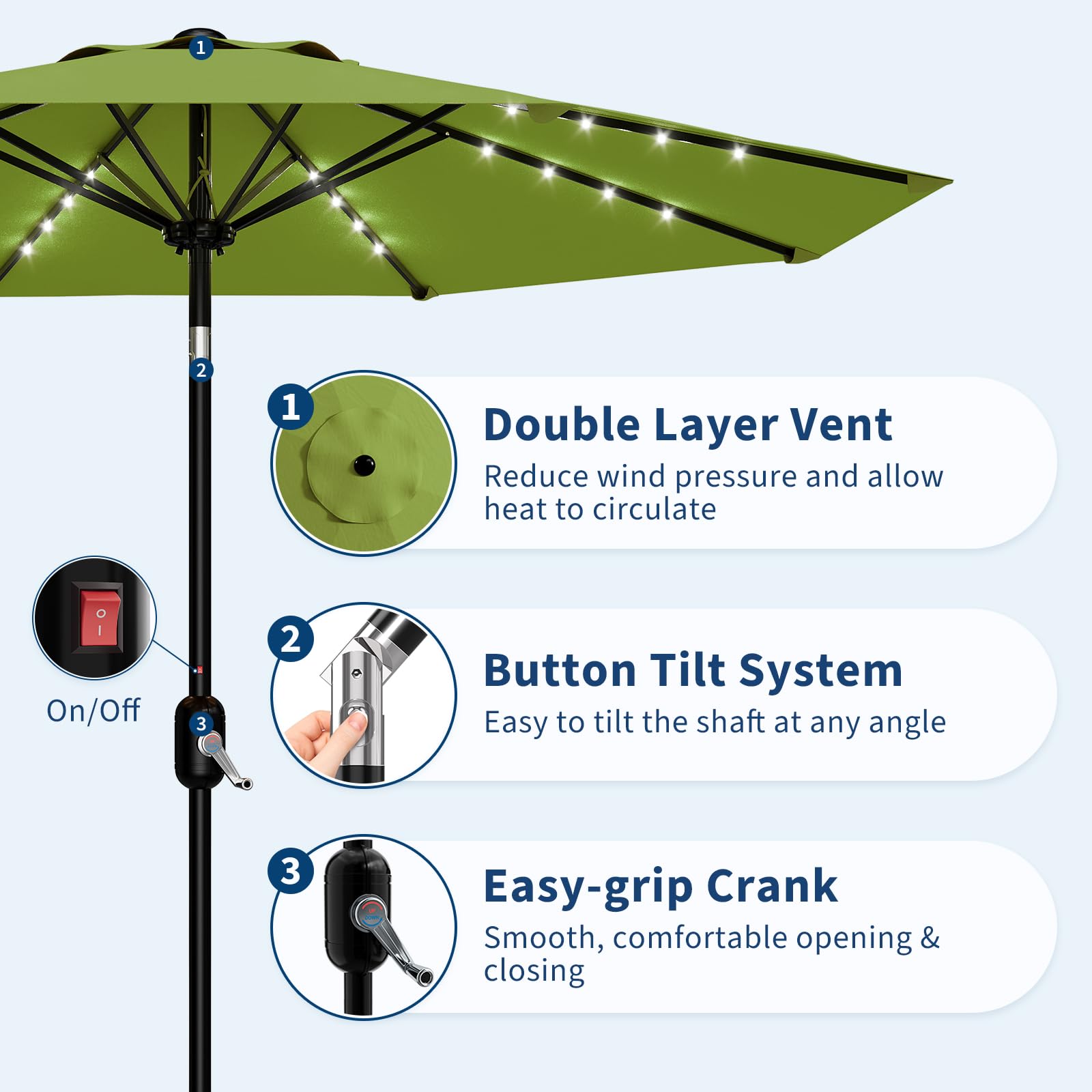 Garvee 10 FT Patio Umbrella with Solar Lights, Outdoor Table Umbrella with 8 Durable Ribs, Tilt & Crank Mechanism, Waterproof & UV Protection for Garden, Backyard, Poolside, Green