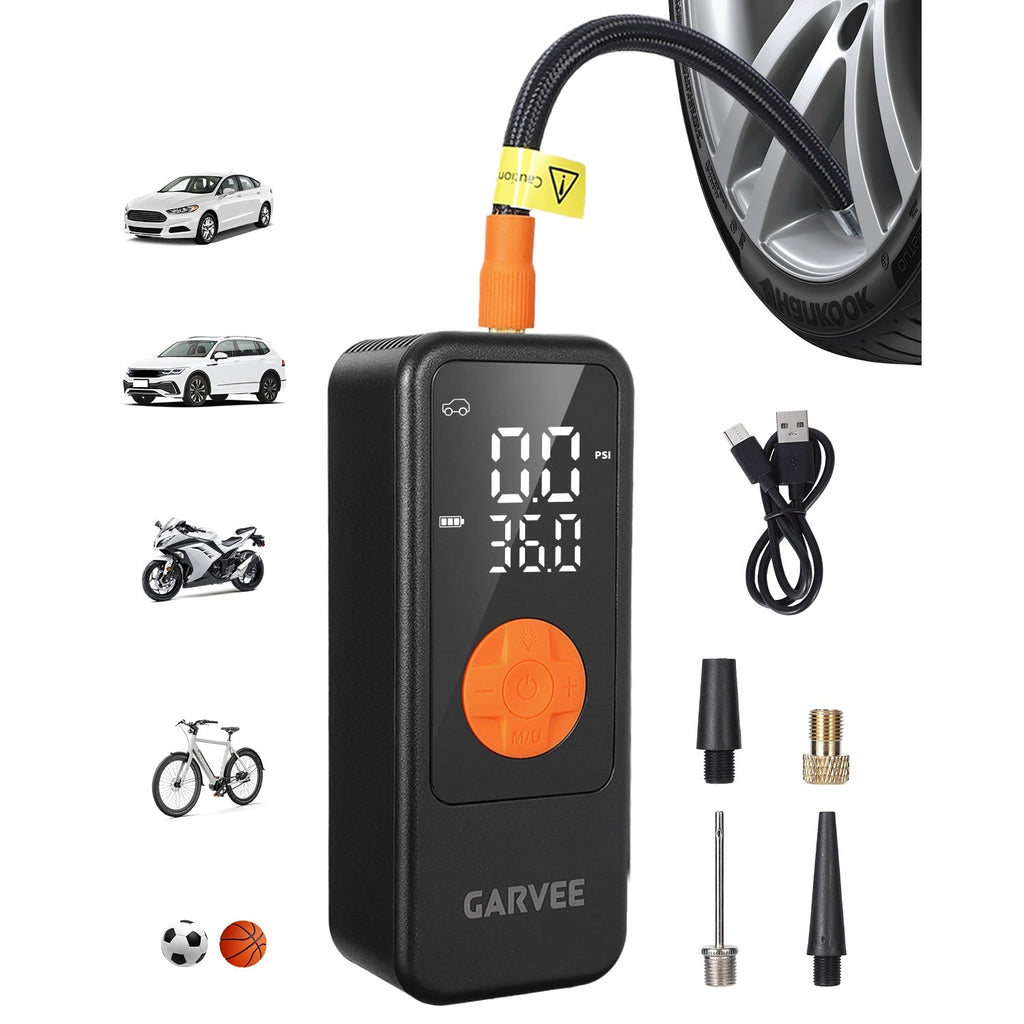 Garvee 150 PSI Cordless Tire Inflator Air Compressor, 4000mAh Rechargeable Portable Pump with Digital Pressure Gauge, Auto Shut-Off & LED Light for Cars, SUVs, Motorcycles, Bikes & Balls Black/Orange