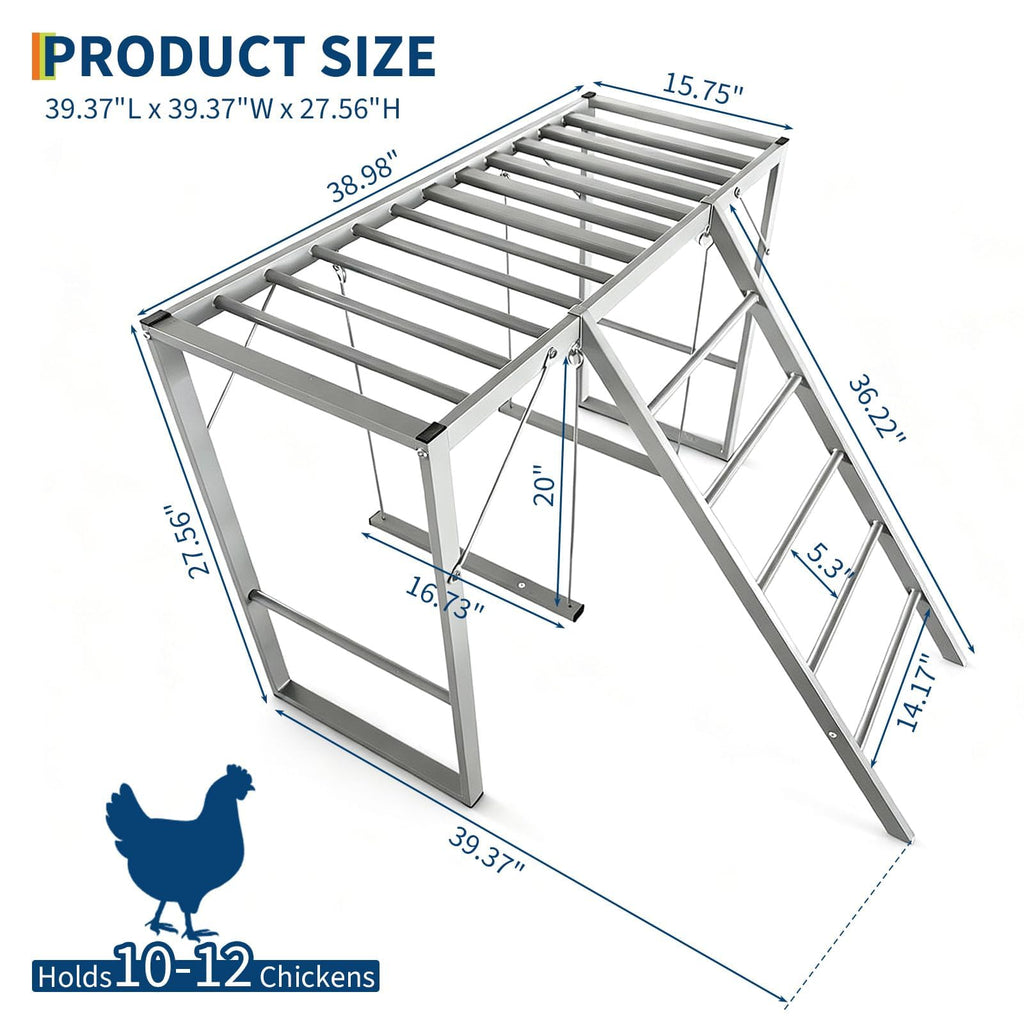 Garvee Metal Chicken Roosting Bars with Swing & Ladder, Heavy Duty, Weatherproof Carbon Steel, 4-Tier Exercise Perch, Silver, for Backyard Farms