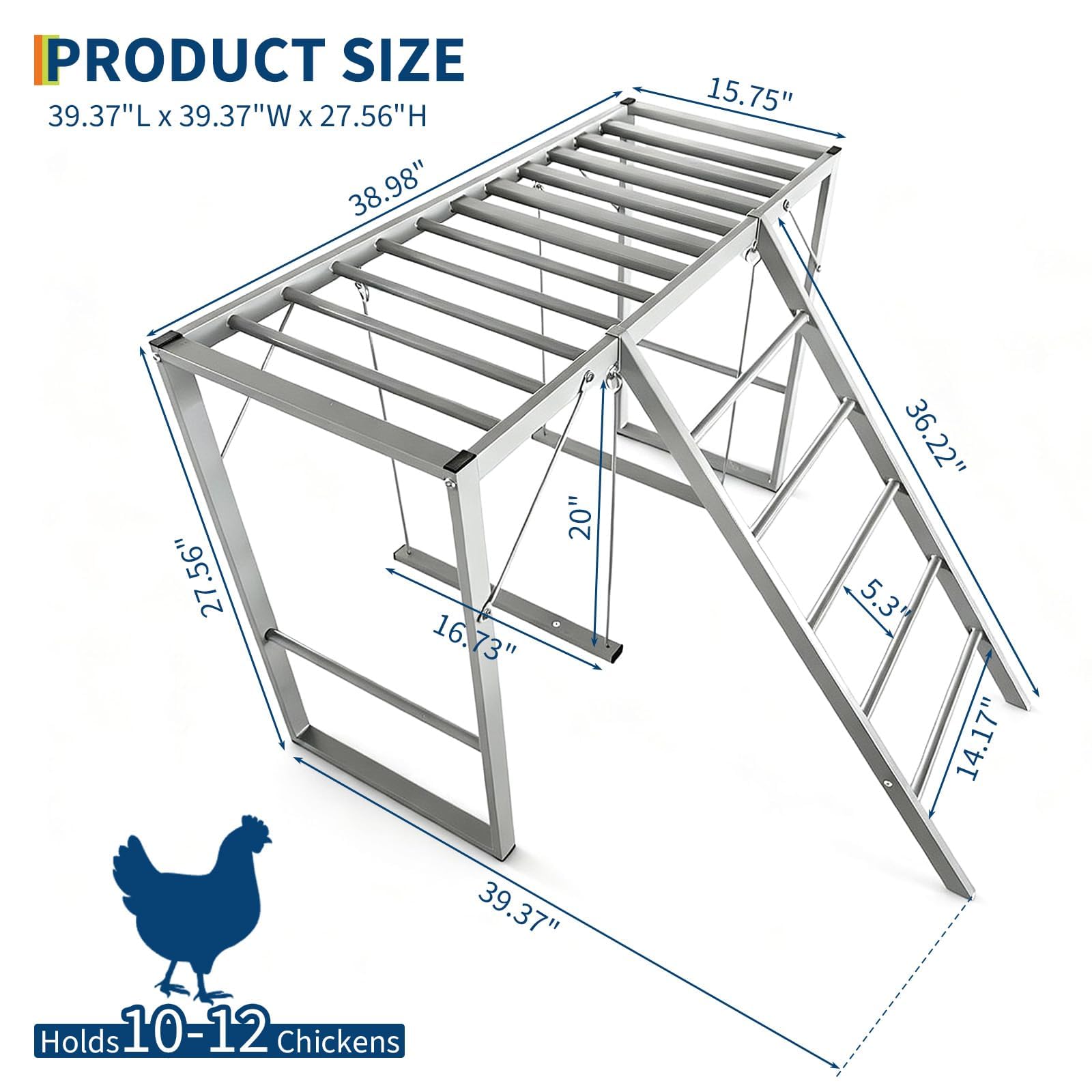 Garvee Metal Chicken Roosting Bars with Swing & Ladder, Heavy Duty, Weatherproof Carbon Steel, 4-Tier Exercise Perch, Silver, for Backyard Farms
