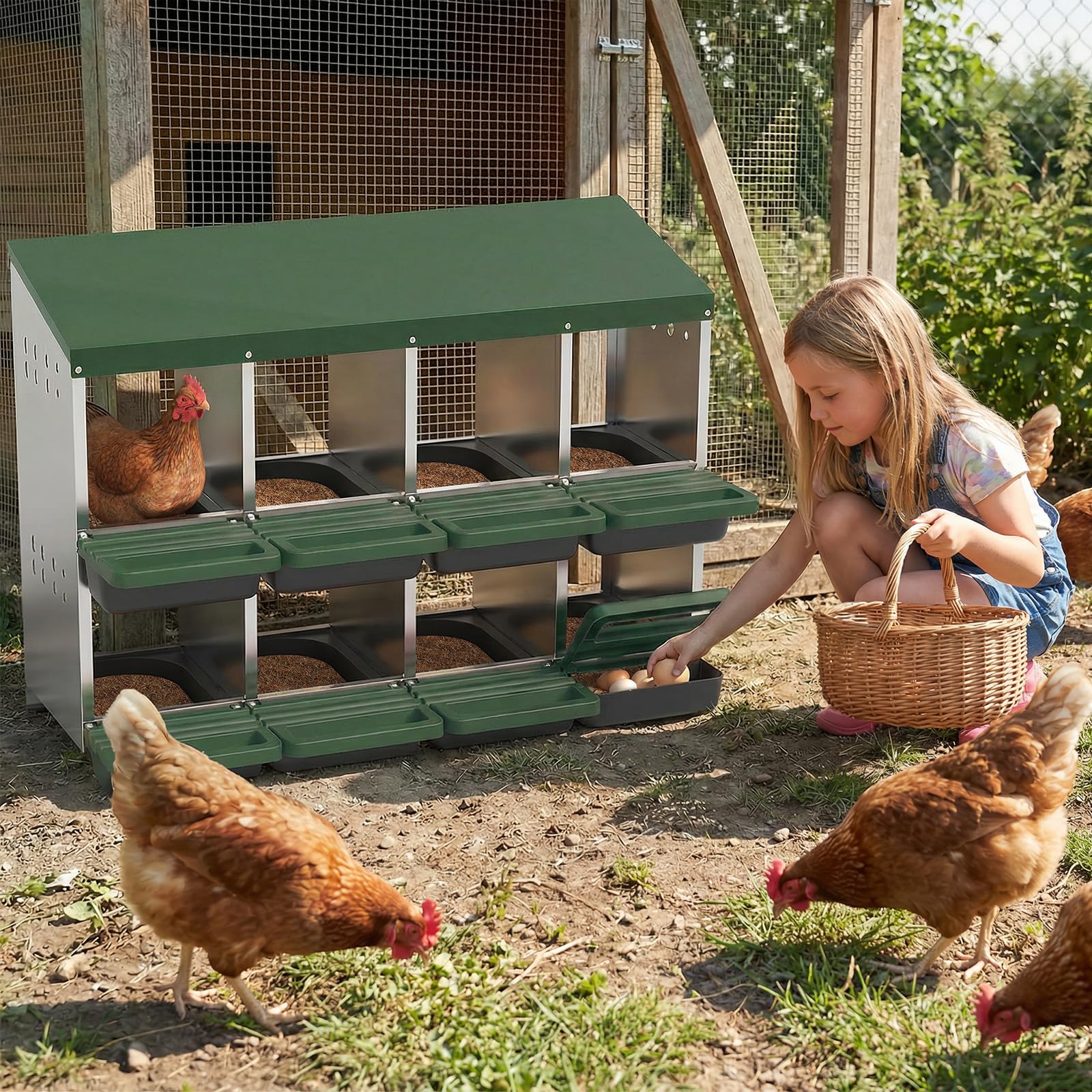Garvee 8-Hole Chicken Nesting Box with Roll Away Design, Ventilation Holes, Galvanized Steel, Removable Lid, Easy Egg Collection, Green, for Chicken and Duck Coops