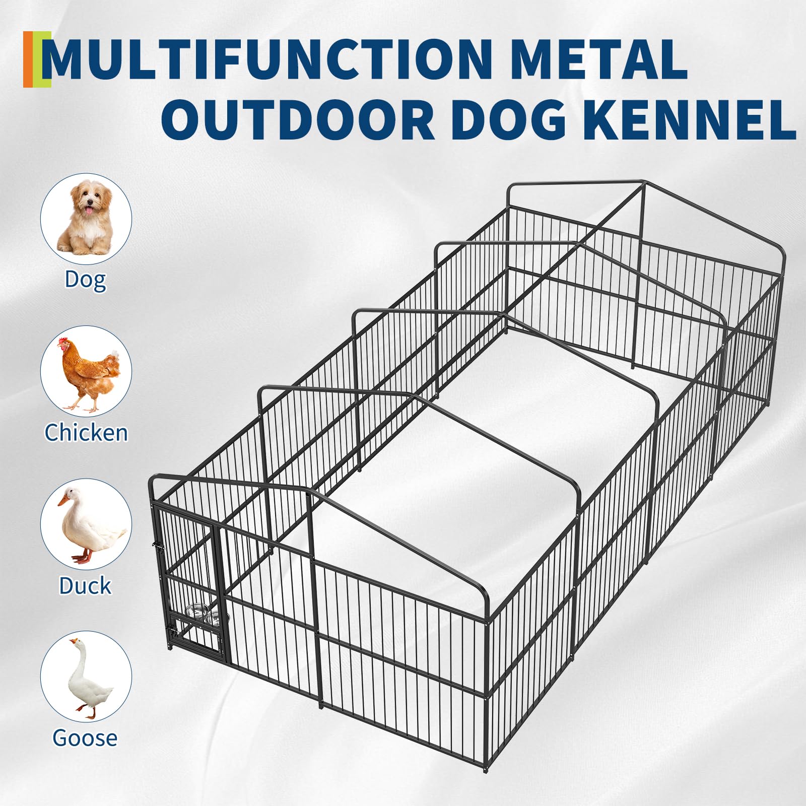Garvee Outdoor Heavy Duty Large Dog Kennel, Walk-in Dog Cage with Metal Gate & Secure Lock, Large Dog Enclosure with Waterproof Roof, Includes Feeding Doors & Bowls for Backyard, 10x20x6 ft