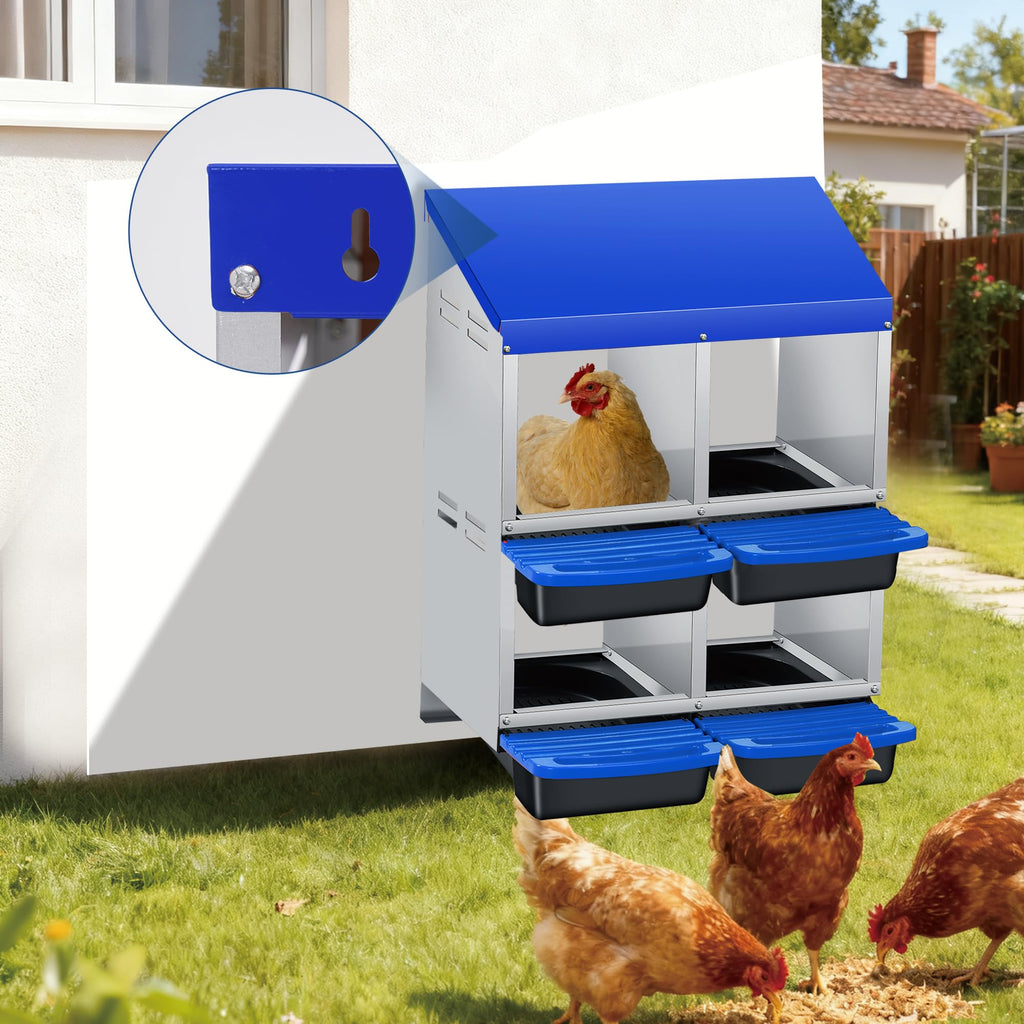 Garvee 4-Compartment 2-Tier Chicken Nesting Box – Roll-Away Tray & Support Stand, Blue