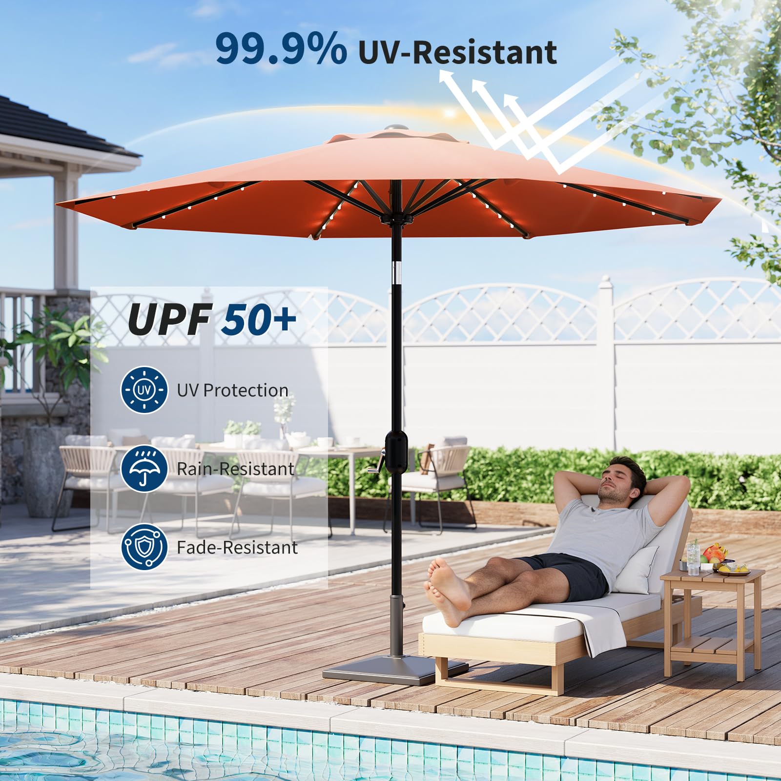Garvee 9FT Solar LED Patio Umbrella with 32 Lights, Tilt & Crank Outdoor Market Umbrella, UV & Water Resistant, 8 Ribs Sunshade for Garden, Deck, Pool & Table, Orange