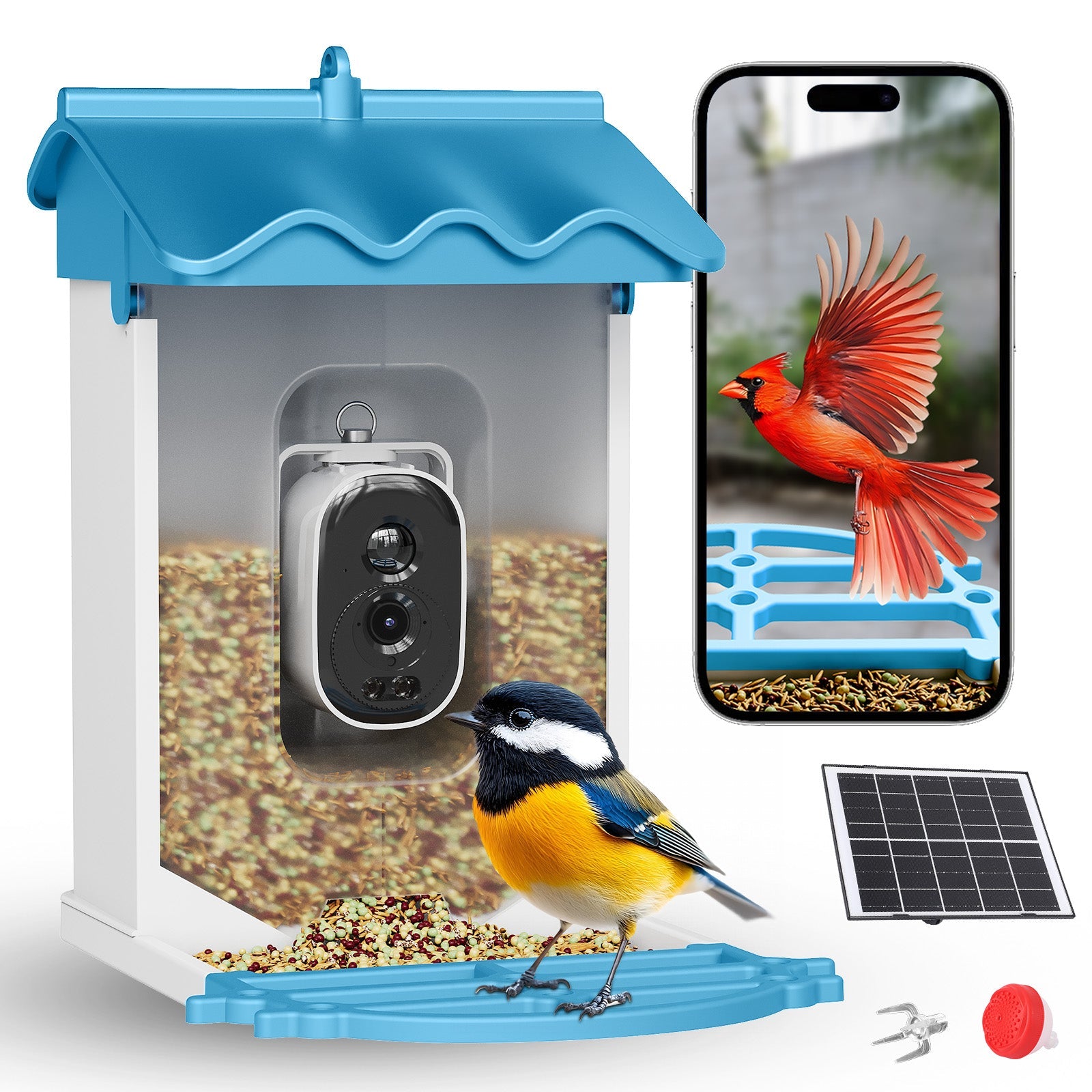 Garvee Smart Bird Feeder with 2.5K Camera & AI Recognition, Solar Powered, 2L Capacity, Night Vision, App Alerts, Auto Capture Photos/Videos for Bird Watching, Squirrel Deterrent, Blue