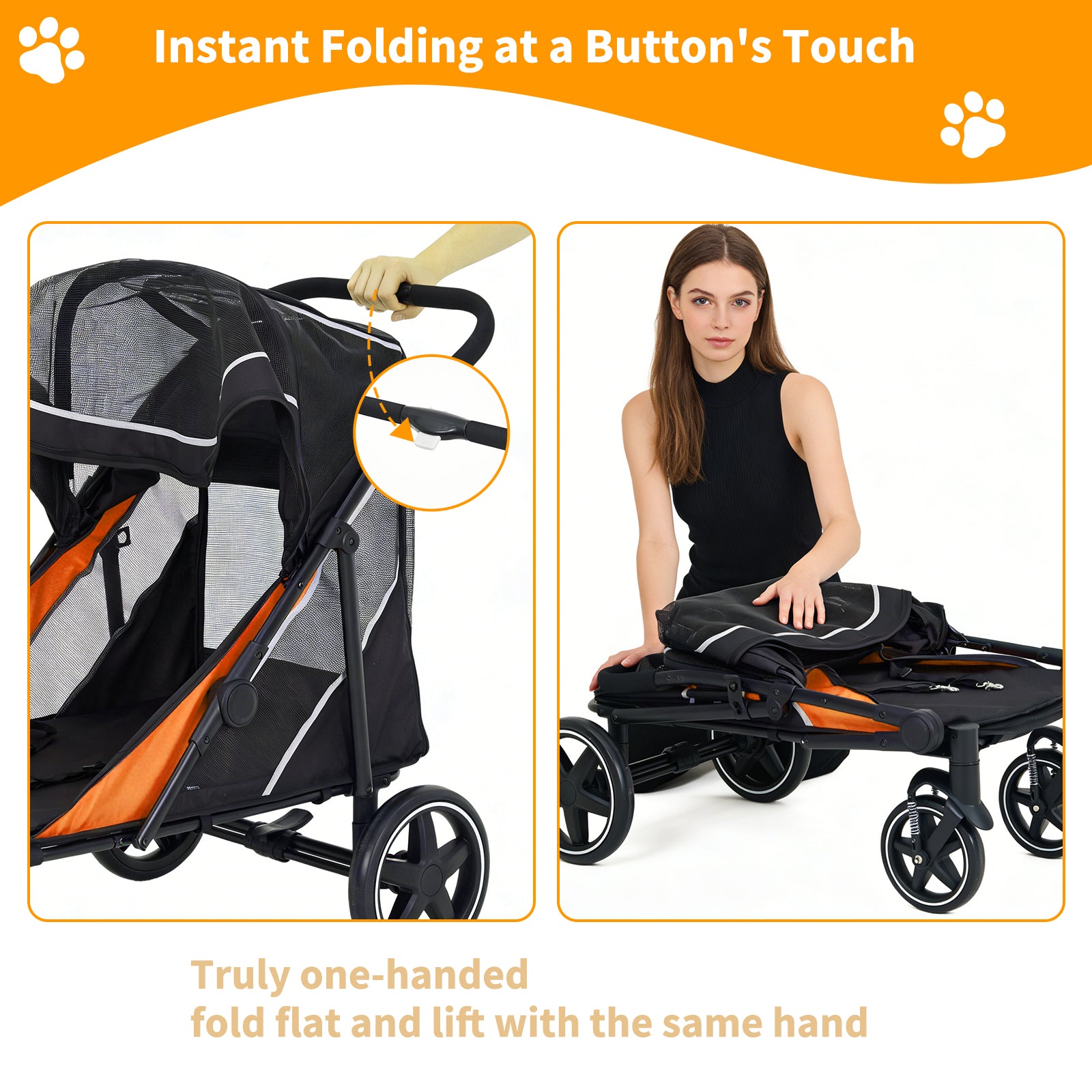 Garvee Large Dog Stroller for Large Dogs 88 lbs, One-Step Fold Pet Stroller with 11" All-Terrain Wheels, 360° Rotatable Front Wheels & Brakes, Heavy Duty, Dual Entry Doors for Senior Dogs, Orange