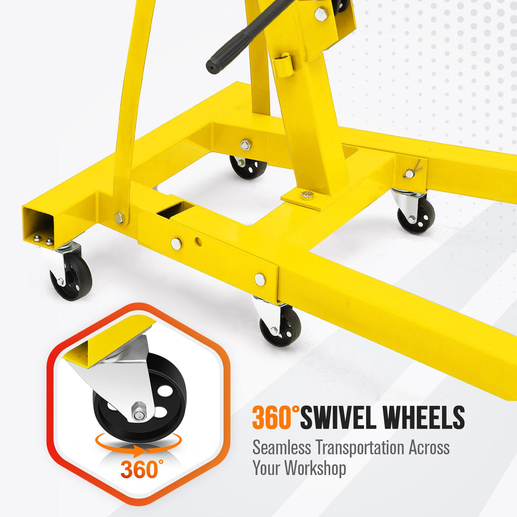 Garvee 2 Ton Folding Hydraulic Engine Hoist with Leveler, Telescopic Boom, Steel Frame, 6 Wheels, Foldable Design for Garage Workshop, Yellow
