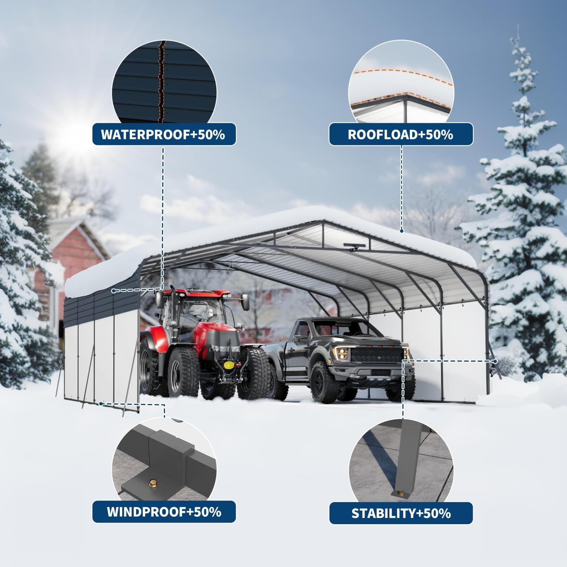 Garvee 20x20 FT Heavy Duty Metal Carport, 400 Sq. Ft. Galvanized Steel Roof Shelter with Solar LED Lamp & Removable White PE Sidewalls for 2 Cars, Boats & Trucks, Dark Gray