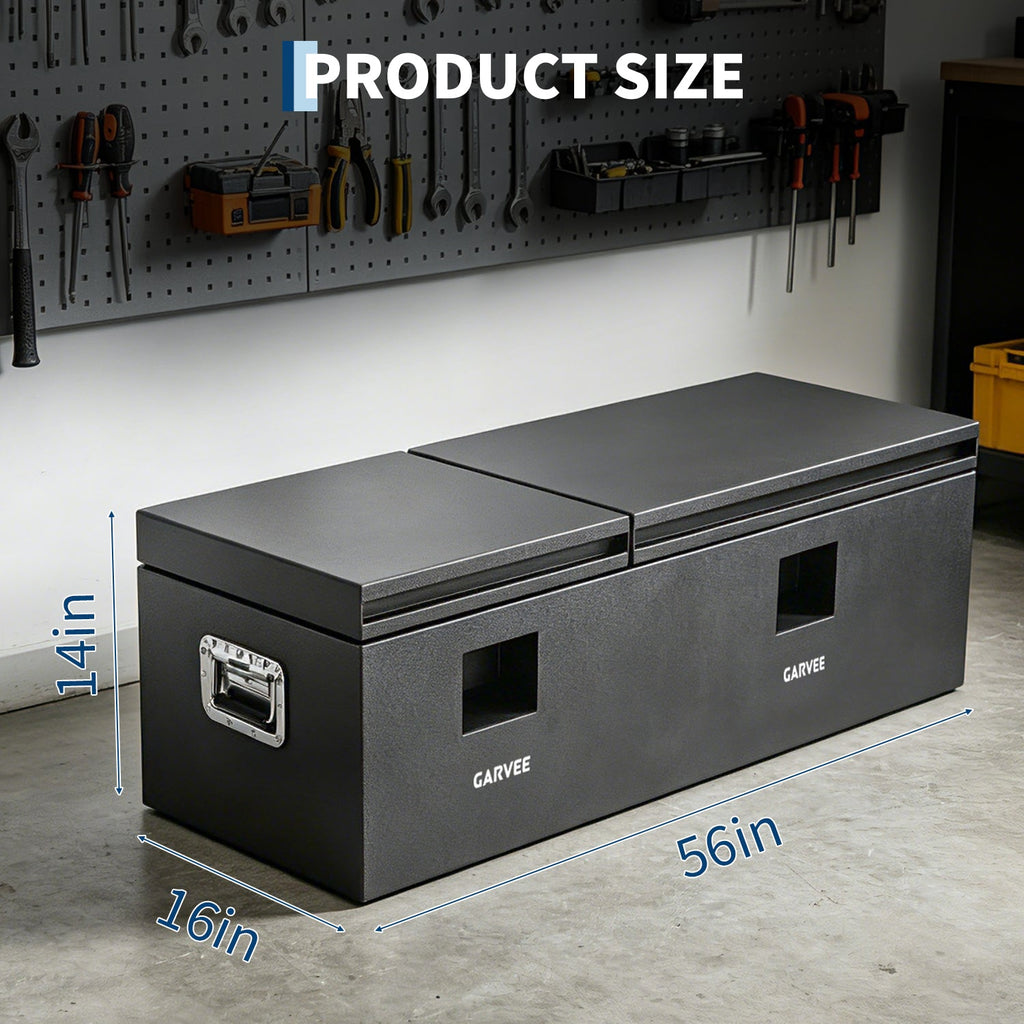 Garvee 56"X16"X14" Heavy Duty Steel Truck Bed Tool Box – Double Lid, Grooved Weatherproof Metal Chest with T-Handle & Side Handle, Durable Organizer for Pickup Truck, RV, Trailer, Front Double, Grey