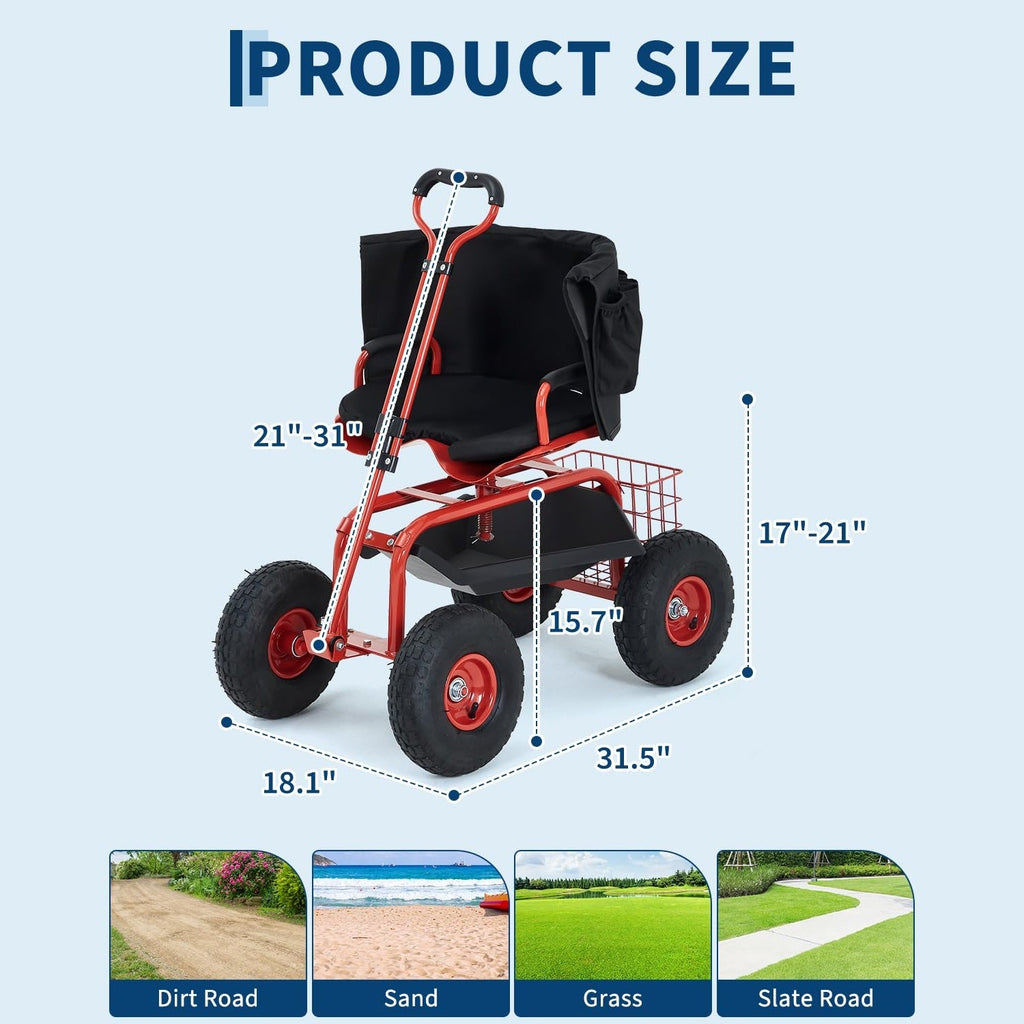 Garvee Rolling Garden Work Seat with Wheels, 360° Swivel Gardening Cart with Extendable Steering Handle, Tool Tray, Storage Basket & 10" Inflatable Tires, 400 lb Capacity Garden Scooter for Yard, Patio & Outdoor Use