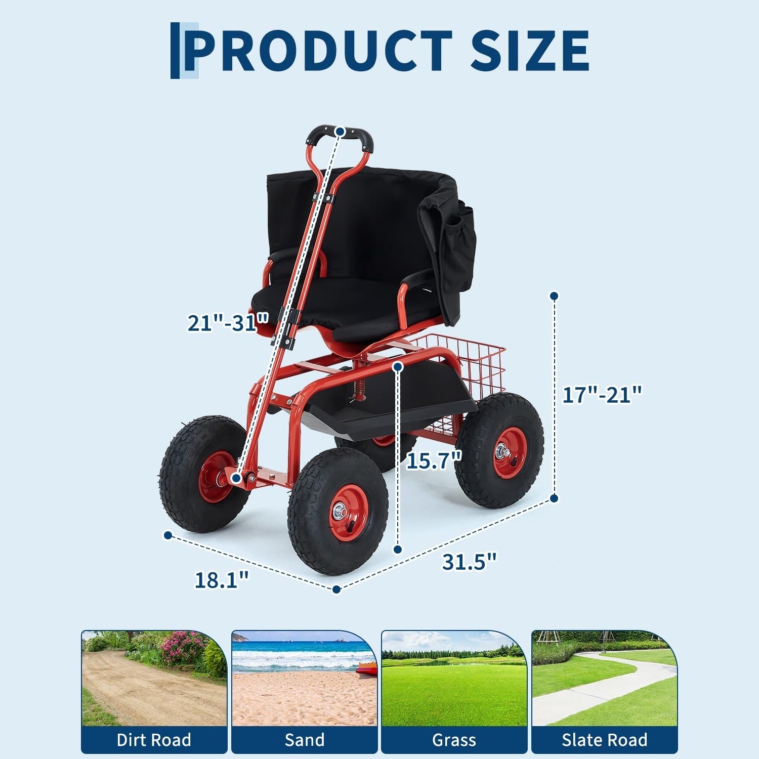 Garvee Rolling Garden Work Seat with Wheels, 360° Swivel Gardening Cart with Extendable Steering Handle, Tool Tray, Storage Basket & 10" Inflatable Tires, 400 lb Capacity Garden Scooter for Yard, Patio & Outdoor Use