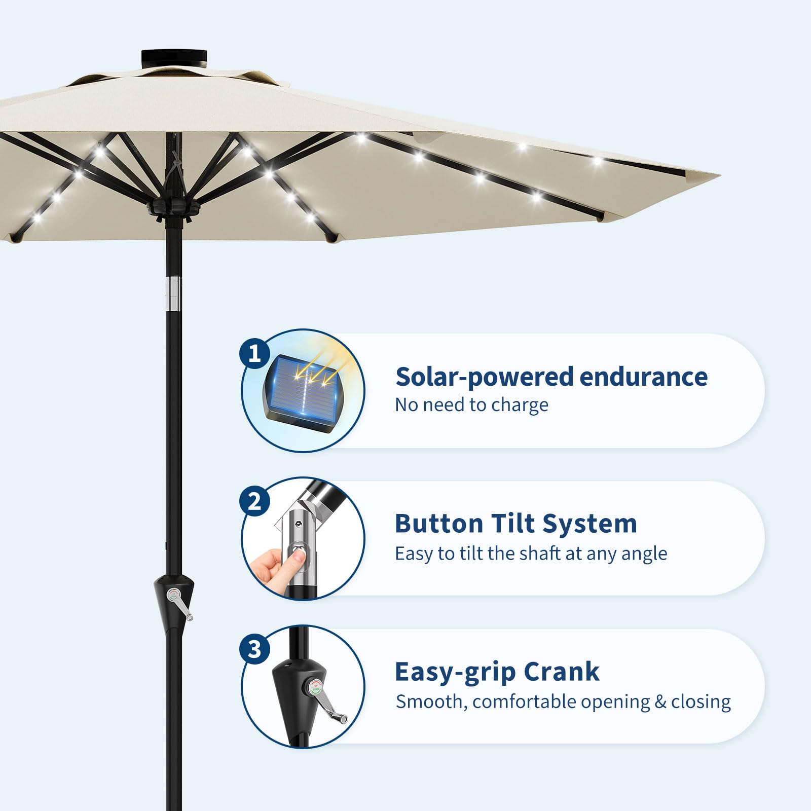 Garvee 10 ft Solar Patio Umbrella with 32 LED Lights, Outdoor Market Umbrella with Crank Lift & Tilt, UV-Resistant Canopy for Pool, Garden & Backyard, Beige