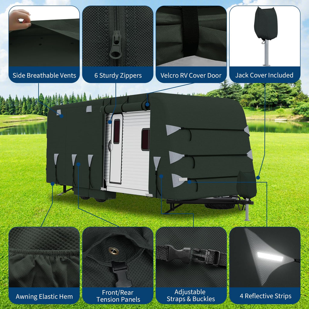 Garvee 27-30FT Heavy-Duty Trailer Cover for Campers, 4-Ply Oxford RV Cover with Waterproof Roof, Breathable Side Vents, UV Protection, Tie-Down Straps, Zipper Access, Tire Covers, and Storage Bag, Green
