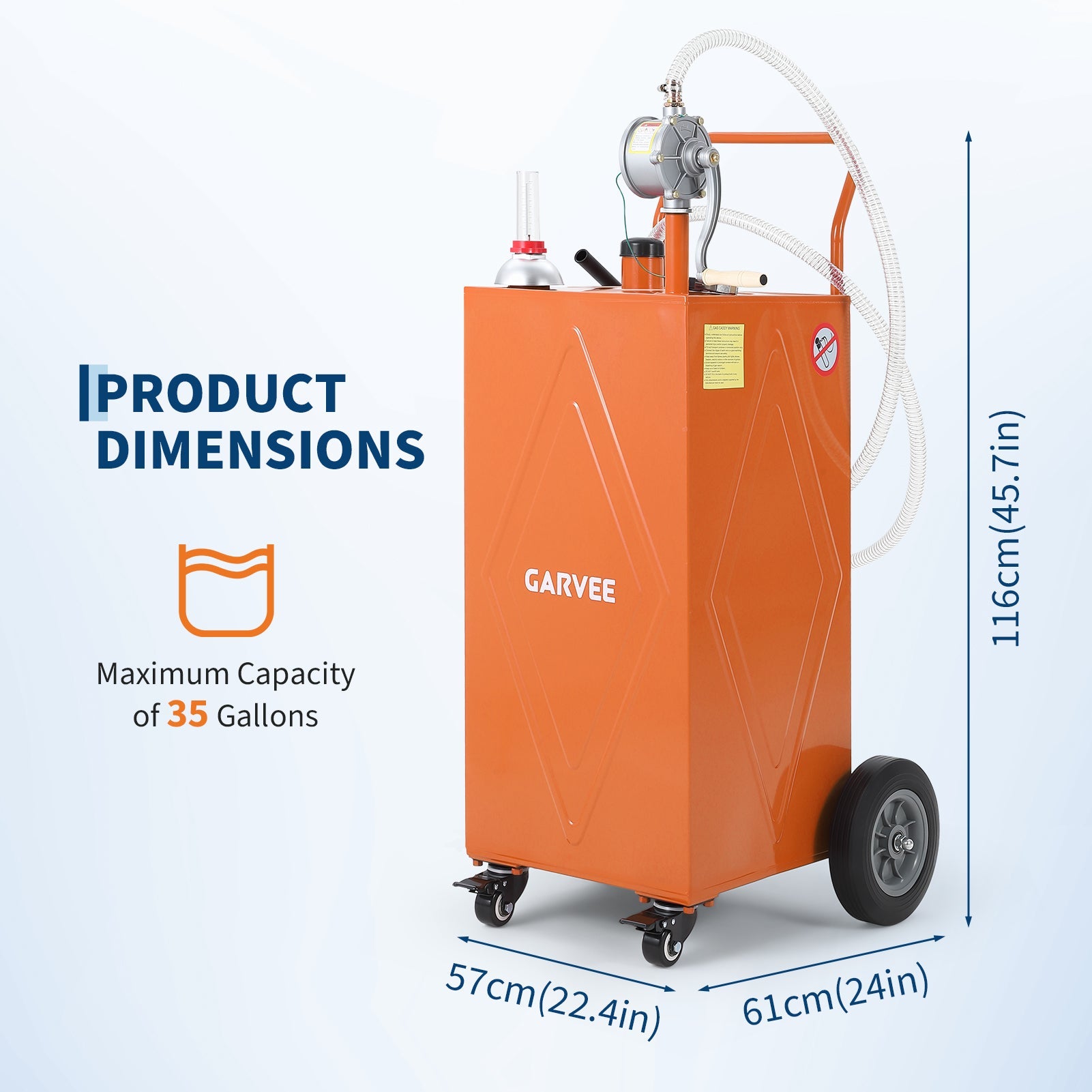 Garvee 35 Gallon Heavy-Duty Steel Fuel Caddy with Manual Rotary Pump – Mobile Gasoline & Fuel Injector Transfer Tank on Reinforced 4 All-Terrain Wheels – Portable Storage Container for Trucks, Boats, ATVs, Lawn Mowers, Farm Equipment – Orange – Reinforced