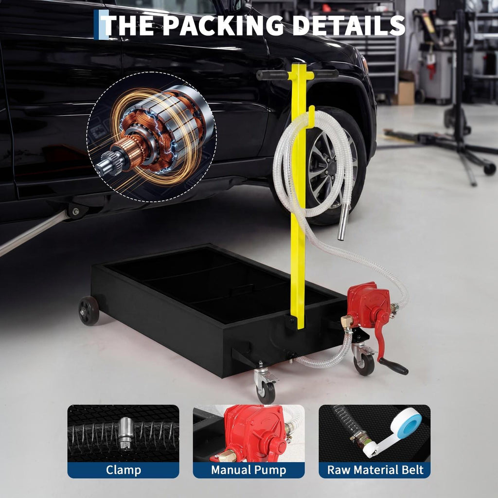 Garvee Heavy Duty Manual Oil Drain Pan Cart – 15 Gallon Low Profile Steel Reservoir, 8 Ft Hose, Folding Handle, Ideal for Trucks and Vehicles – Waistline Version | Black | Manual | 15 Gallons | 8 Feet Hose