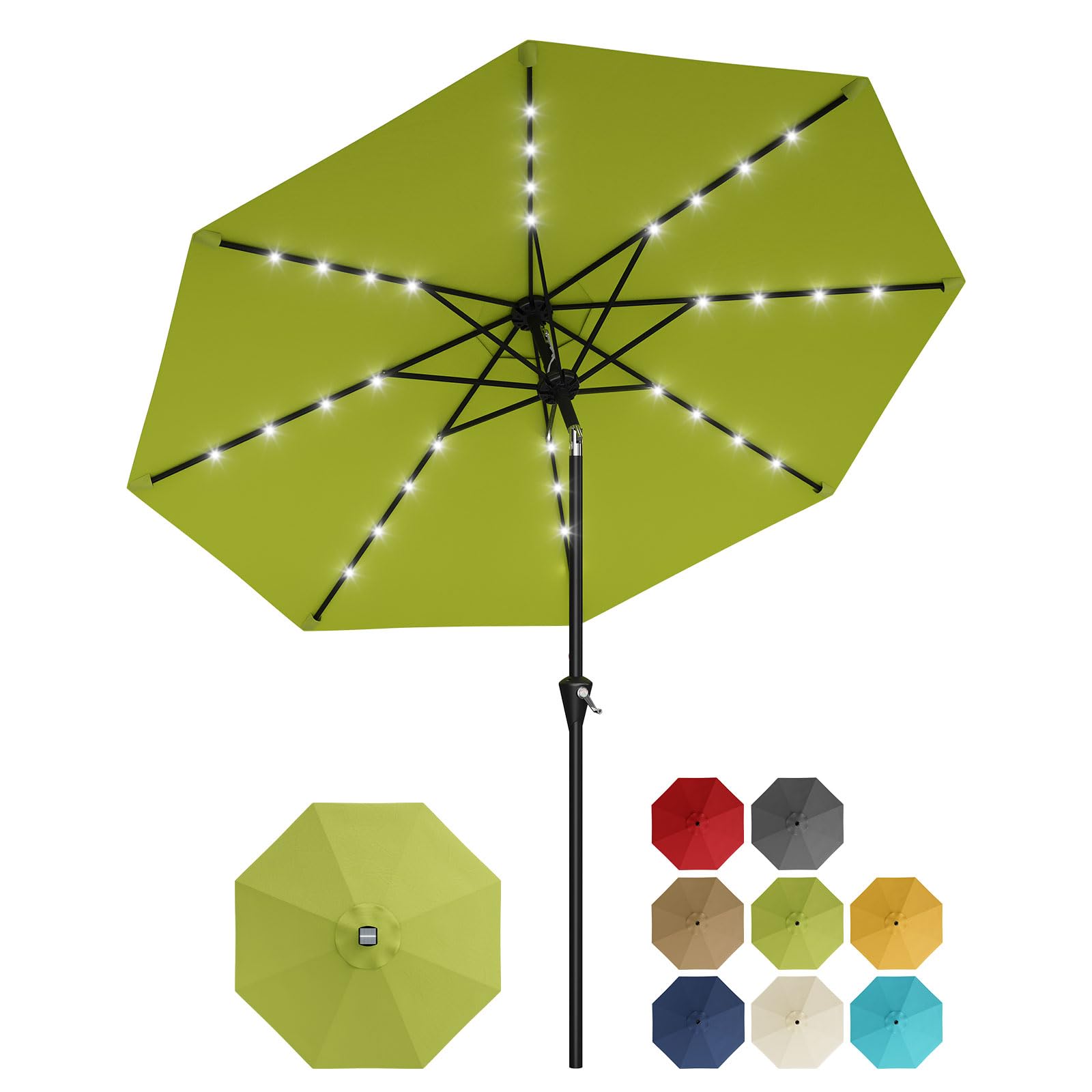 Garvee 10 ft Solar Patio Umbrella with 32 LED Lights, Outdoor Market Umbrella with Crank Lift & Tilt, UV-Resistant Canopy for Pool, Garden & Backyard, Apple Green