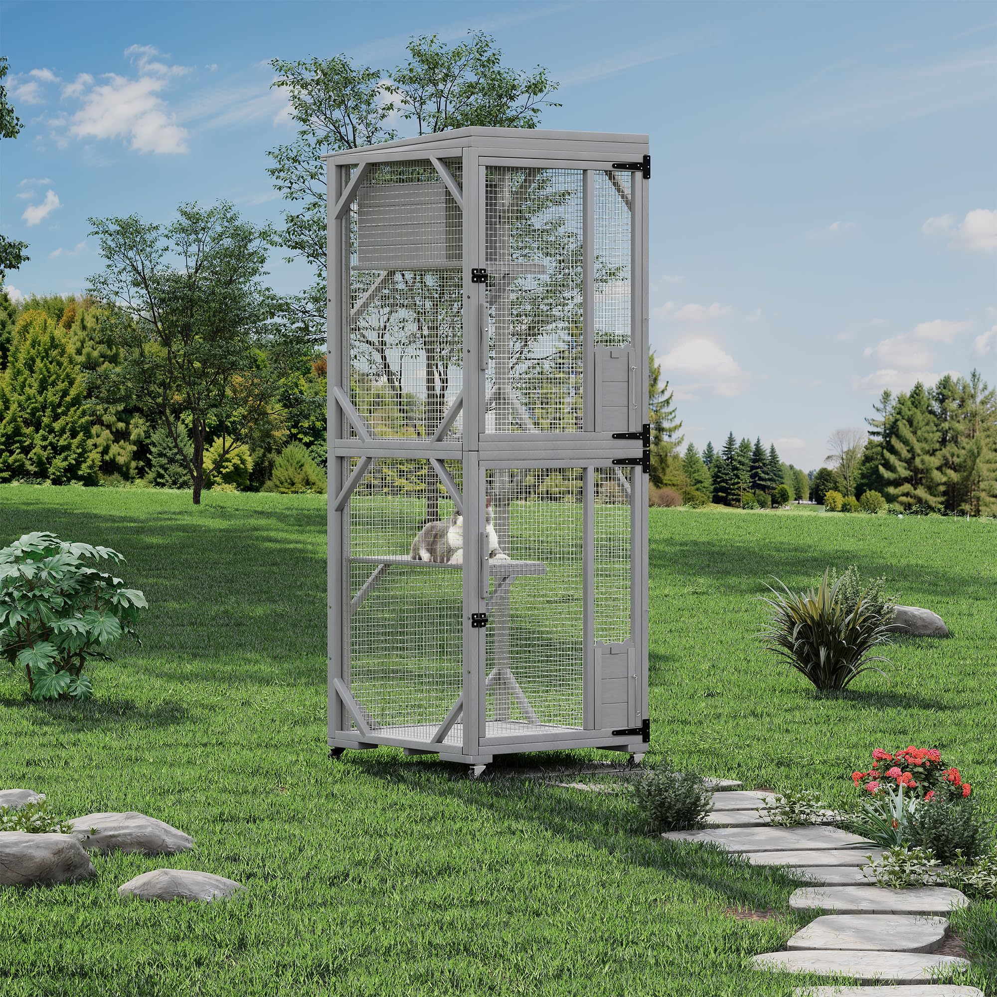 Garvee Outdoor Cats House with 4 Wheels, Walk-in Cat Cage, Catio Outdoor Enclosure Extra Large
