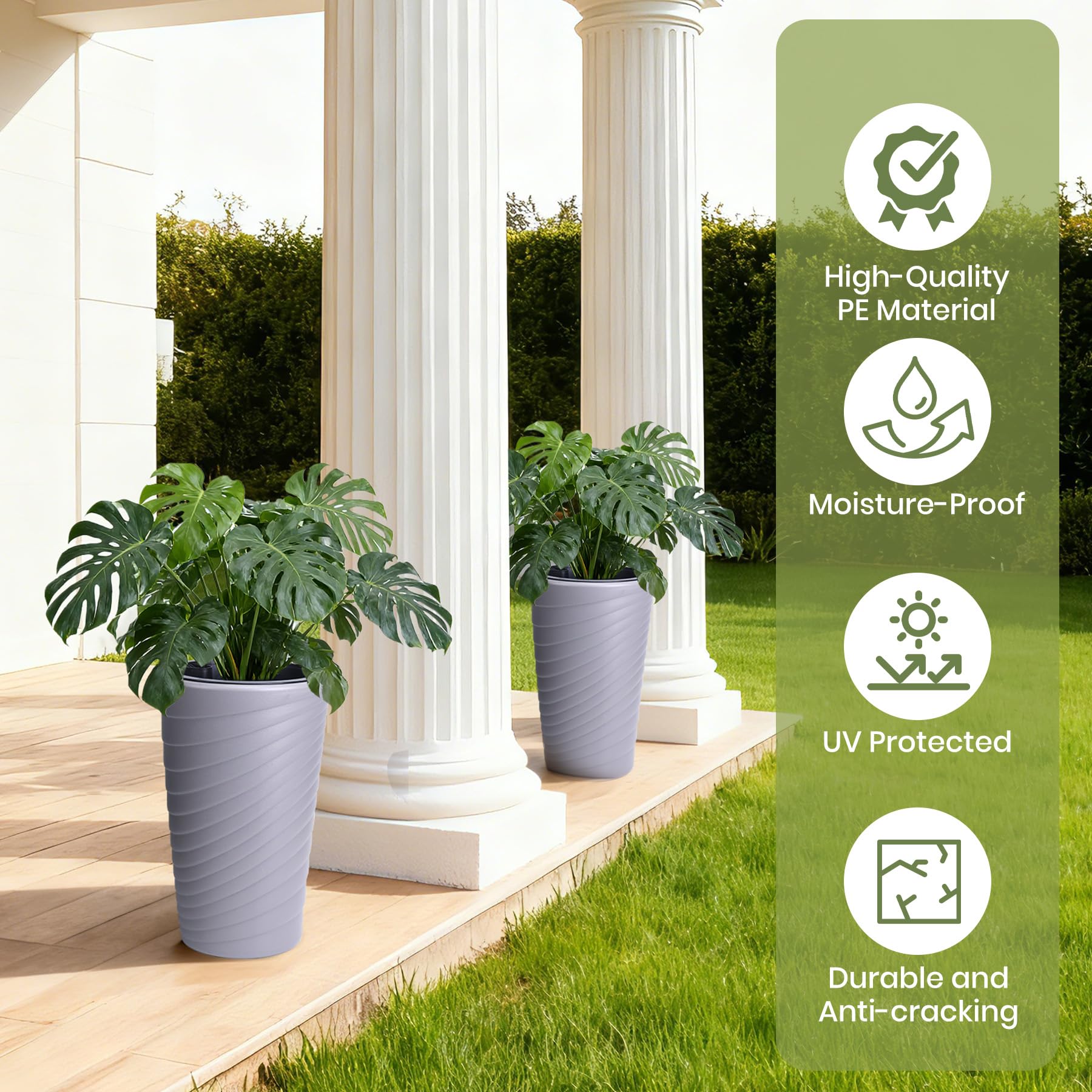 Garvee Self Watering Planters Set of 2, 16.3" Gray Round Plant Pots with Water Level Monitor & Drainage for Porch Patio