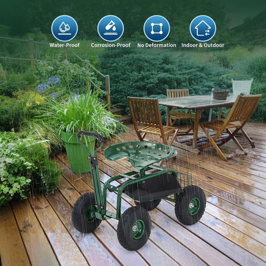 Garvee Green Rolling Garden Work Seat with Wheels, 360° Swivel Gardening Cart with Extendable Steering Handle, Tool Tray, Storage Basket & 10" Inflatable Tires, 400 lb Capacity Garden Scooter for Yard, Patio & Outdoor Use