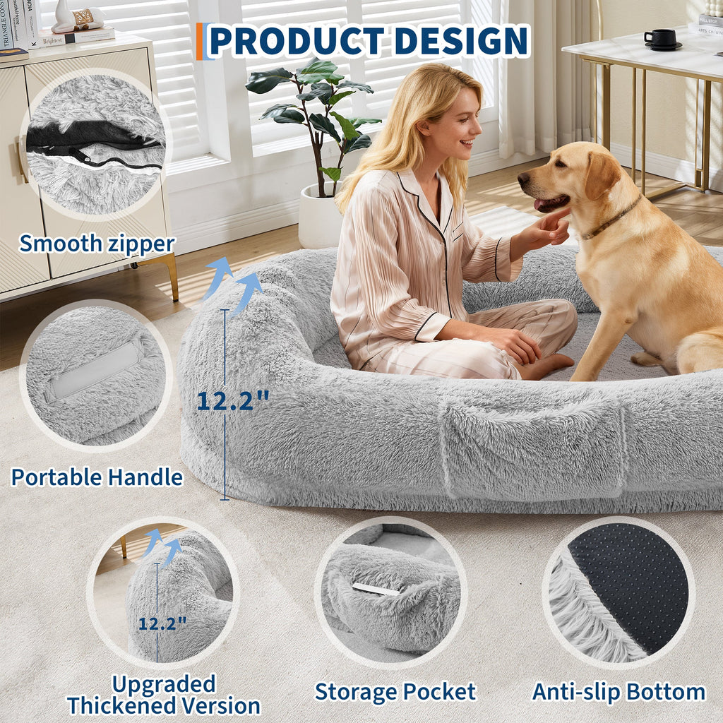 Garvee Orthopedic Memory Foam Dog Bed for Adults & Large Dogs – Oversized Calming Bean Bag Couch, Washable Faux Fur Cover, Side Pocket, Waterproof, Relaxing Nap Bed for Bedroom or Office – Light Gray