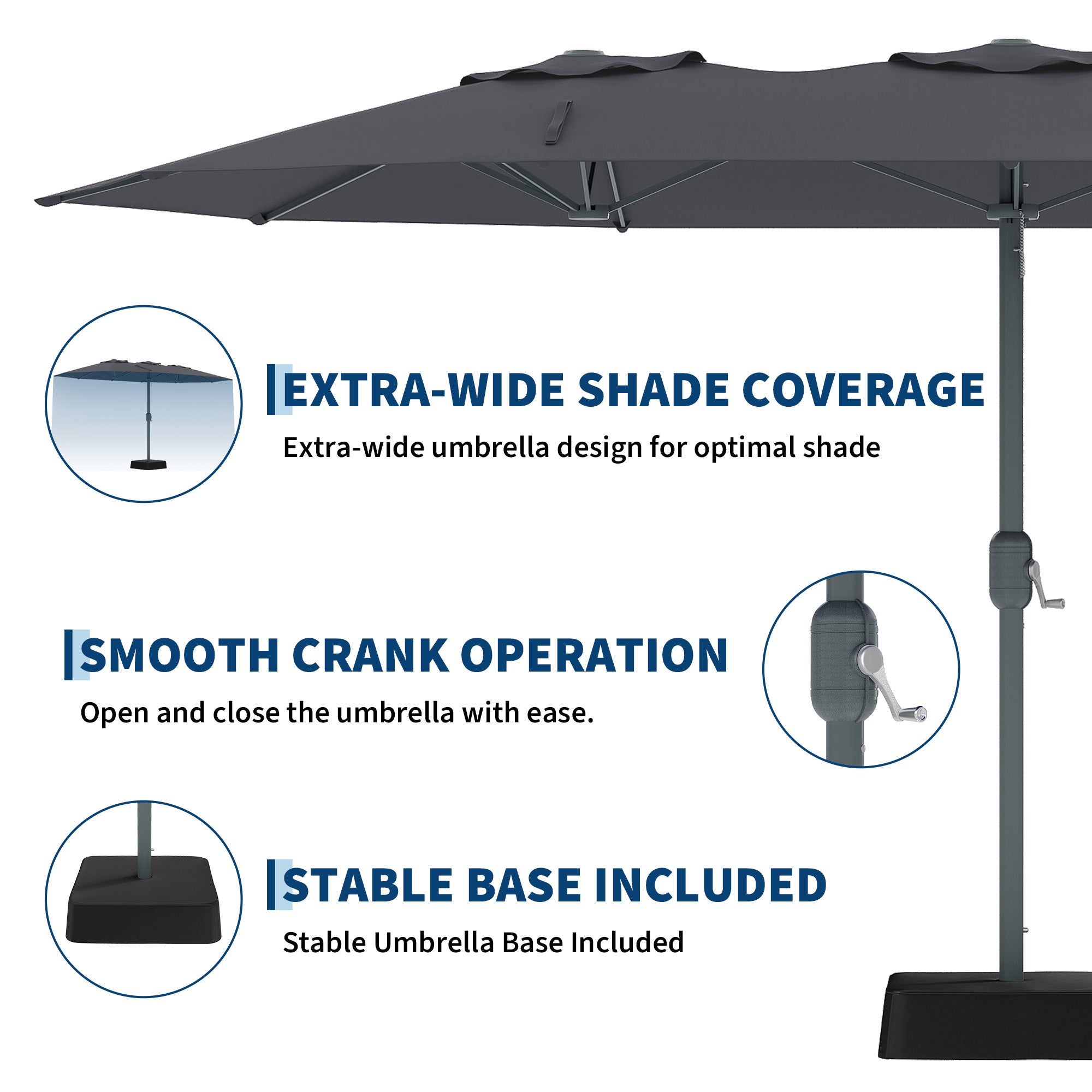 Garvee 9' × 15' Rectangular Patio Umbrella with Base, 98% UV-Blocking Oxford Canopy, 12-Rib Metal Frame, Gray