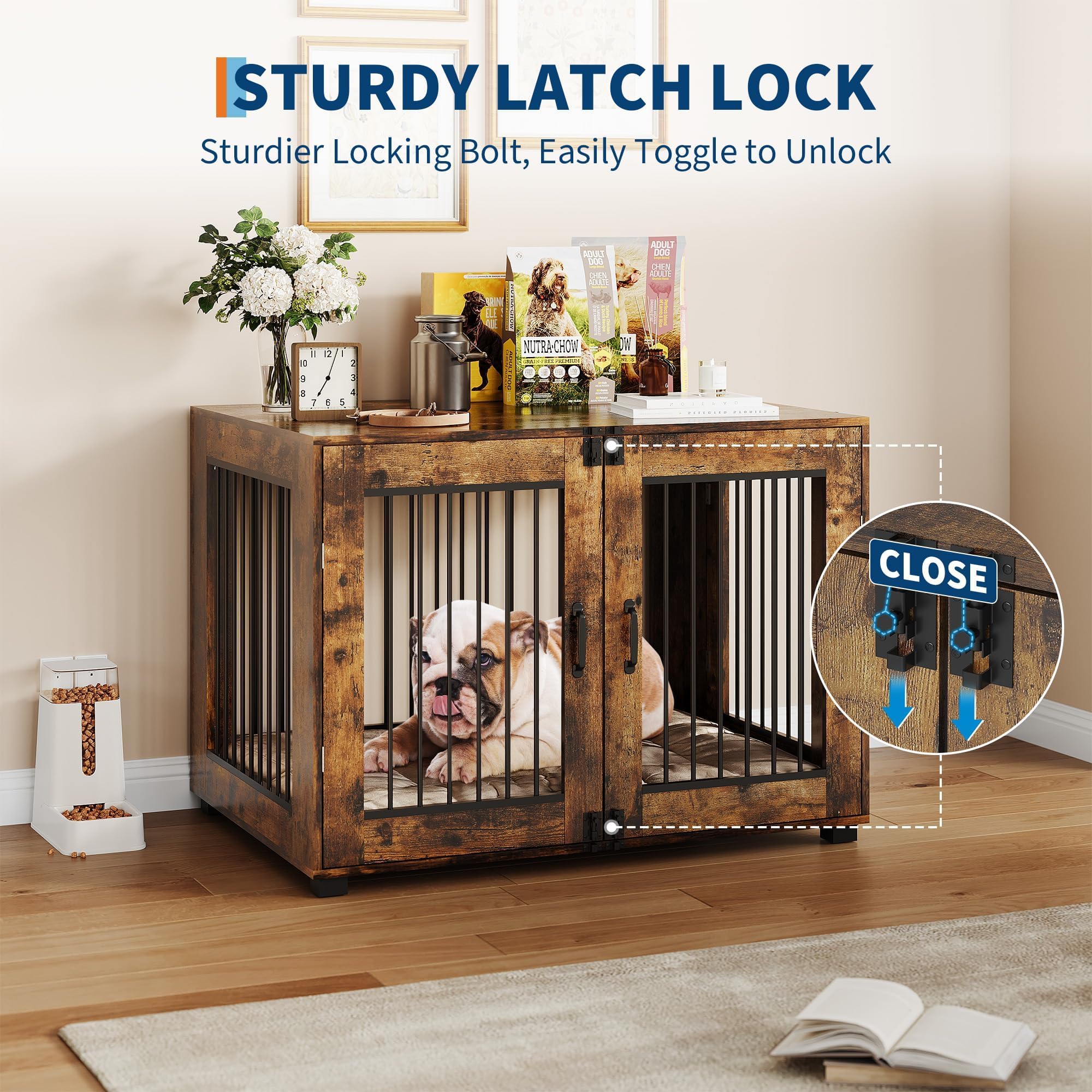 Garvee Rustic Farmhouse Dog Crate Furniture - Small Indoor Wood & Metal Kennel End Table with 3 Doors - Decorative, Multi-Use Pet House for Small Dogs - Brown, Small