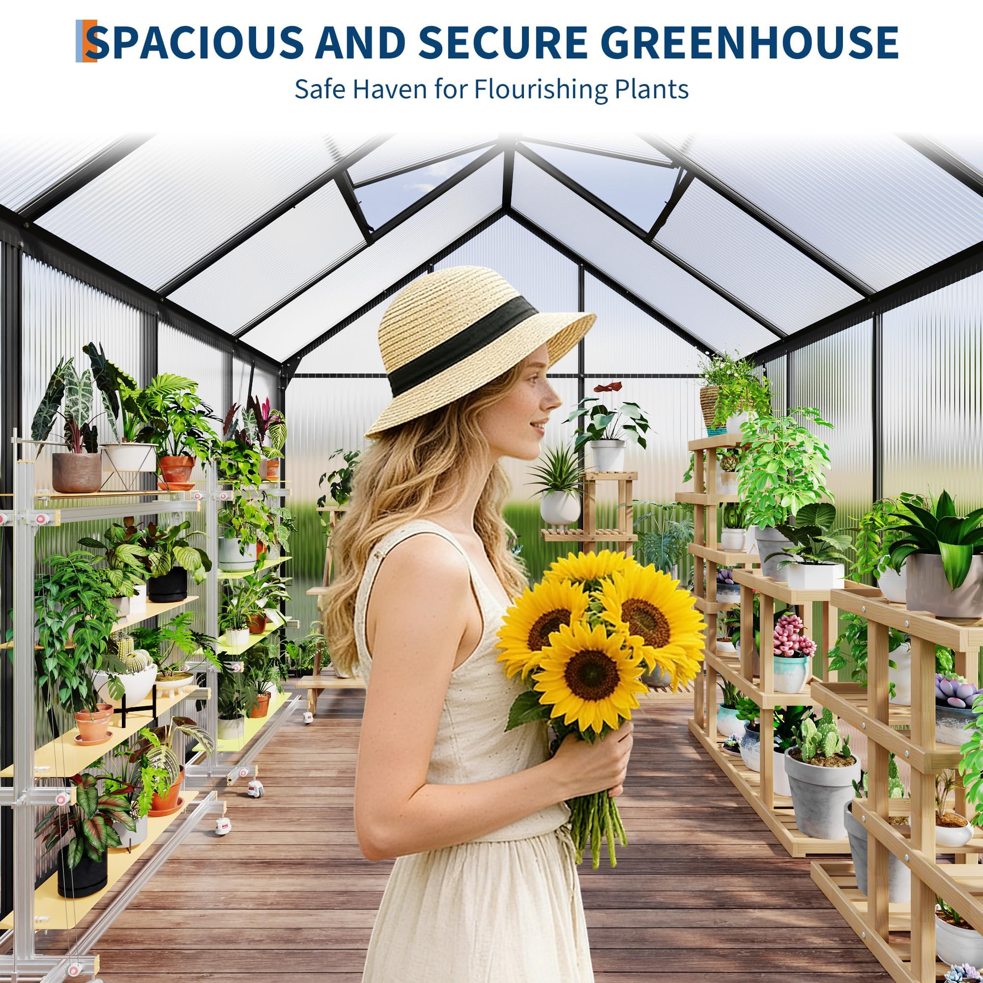 Garvee 6 x 8 FT Polycarbonate Greenhouse with Aluminum Frame, Sliding Door & Adjustable Roof Vent, Heavy-Duty Outdoor Greenhouse for Backyard, Garden, Patio