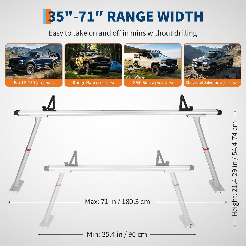 Garvee Truck Rack, 35.4-71in Adjustable Width Ladder Rack for Truck, Aluminum 800 Lbs Capacity, Heavy Duty Truck Bed Rack, Stable Drilling Cargo Support System for Kayak, Surfboard, Lumber, Silver