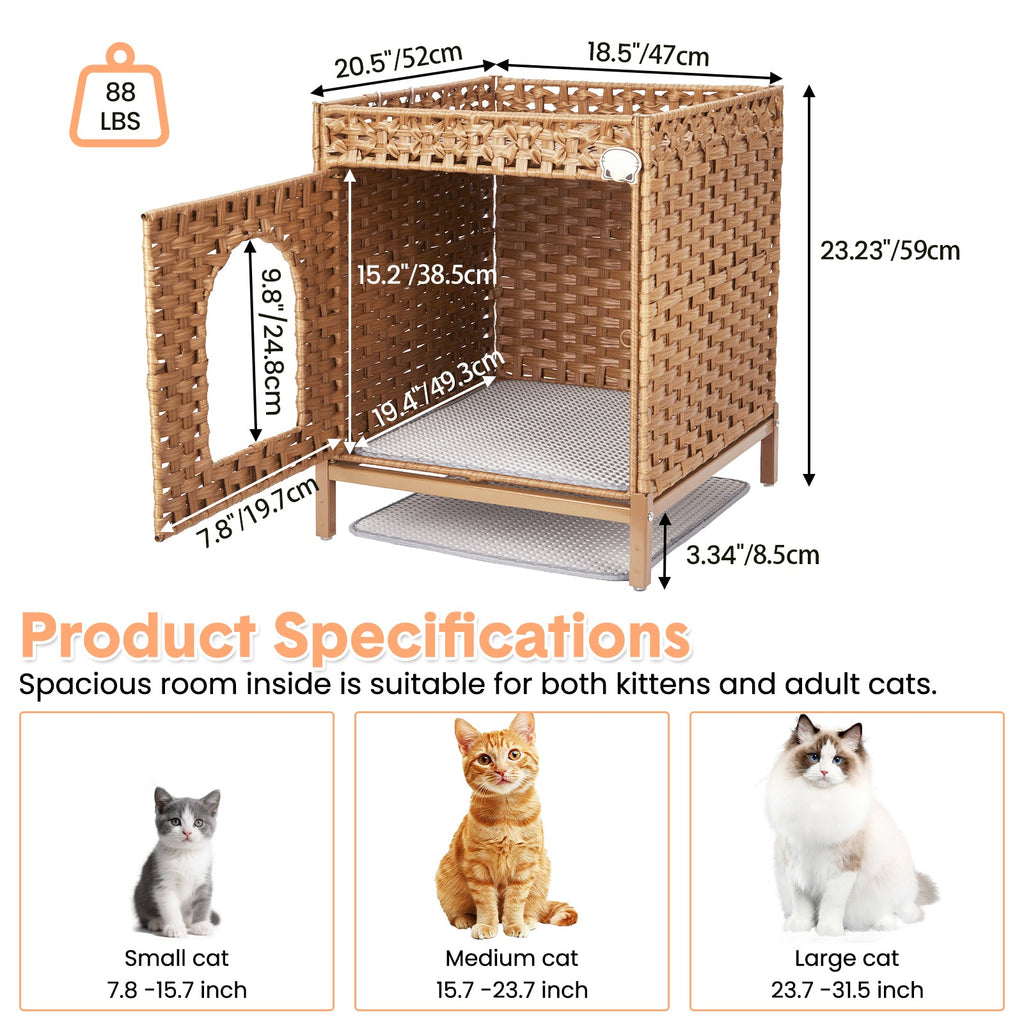 Garvee Cat Litter Box Enclosure Hidden Litter Box Furniture with Metal Heightened Feet, Rattan Handwoven Cat House with Litter Mat, Hidden Litter Box Furniture for Bedroom Living Room, Natural