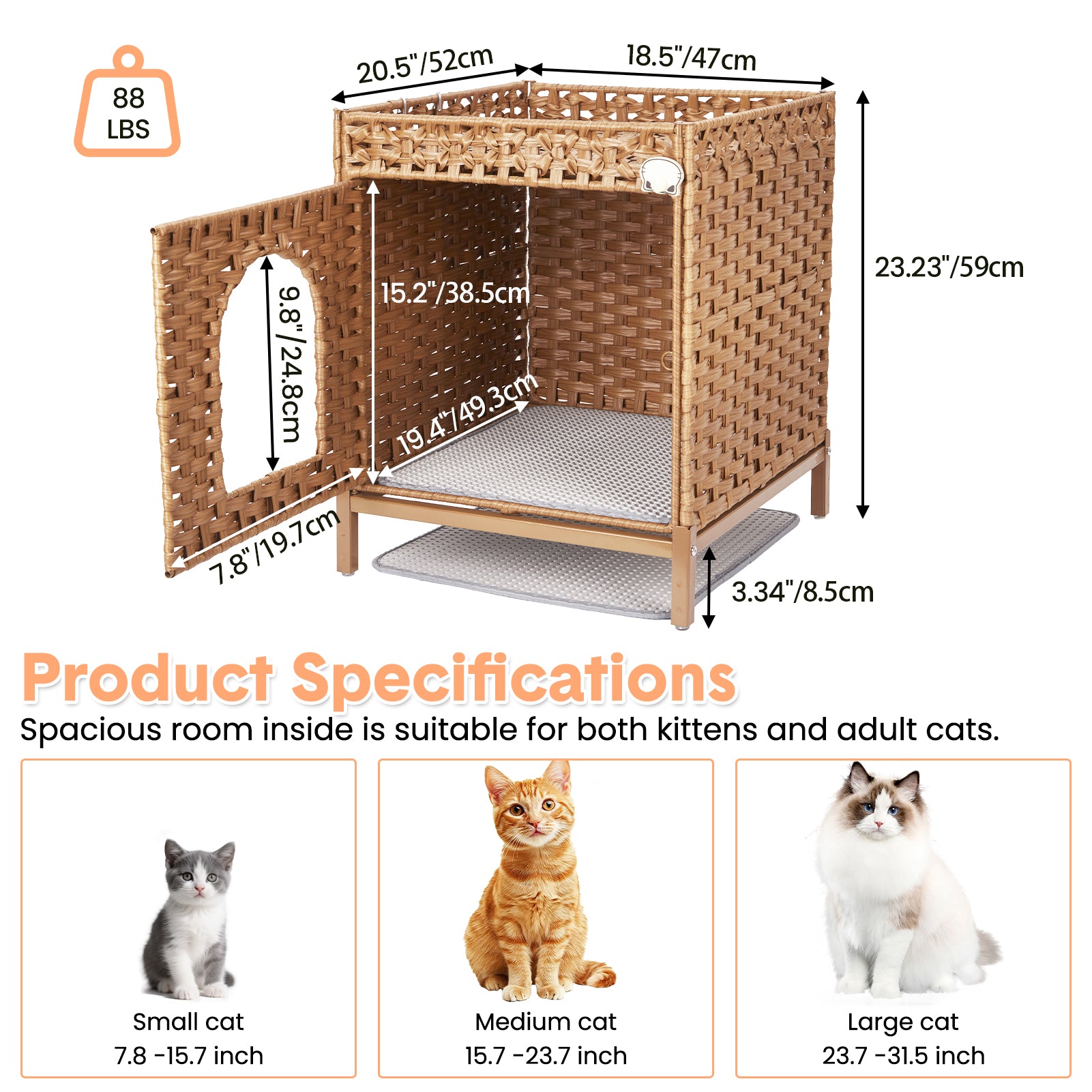 Garvee Cat Litter Box Enclosure Hidden Litter Box Furniture with Metal Heightened Feet, Rattan Handwoven Cat House with Litter Mat, Hidden Litter Box Furniture for Bedroom Living Room, Natural
